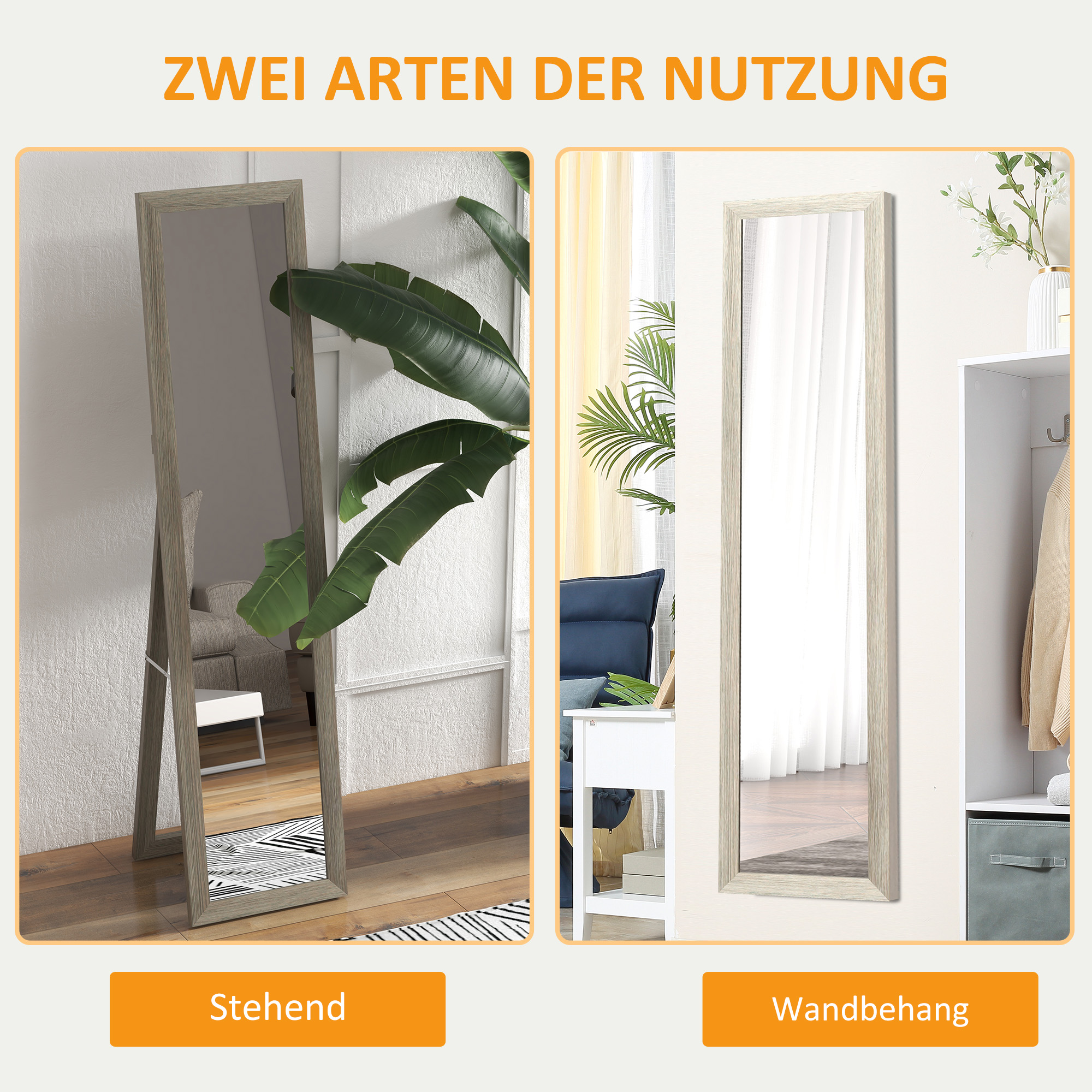 Ganzkörperspiegel, 37 x 157 cm, zum Aufhängen oder Aufstellen, Rechteckiger Spiegel für Wohnzimmer, Schlafzimmer, Grau