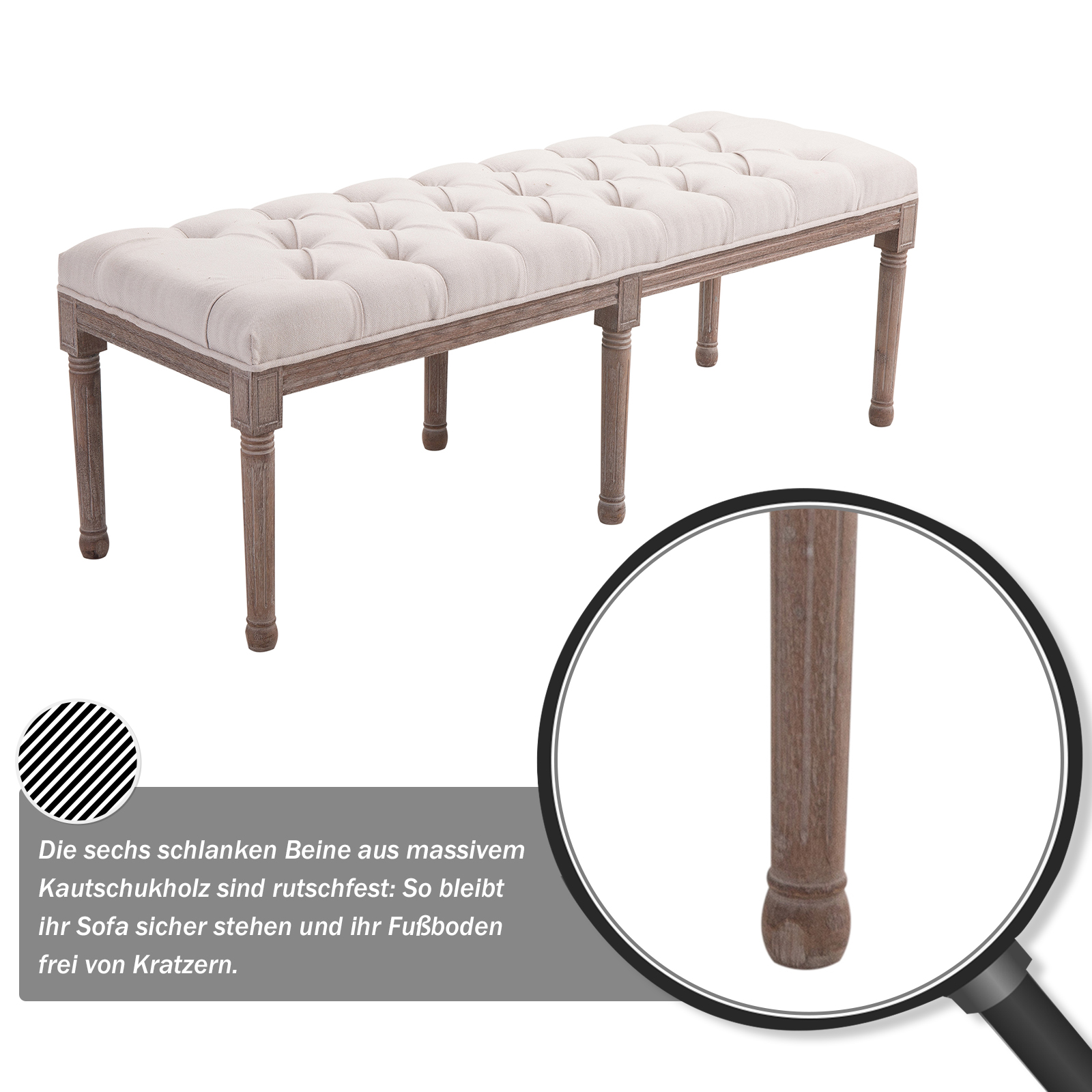 Polsterbank Sitzbank Lounge Sitzhocker Vintage Retro mit Knöpfen Leinen + Holz beige 142 x 47 x 51 cm