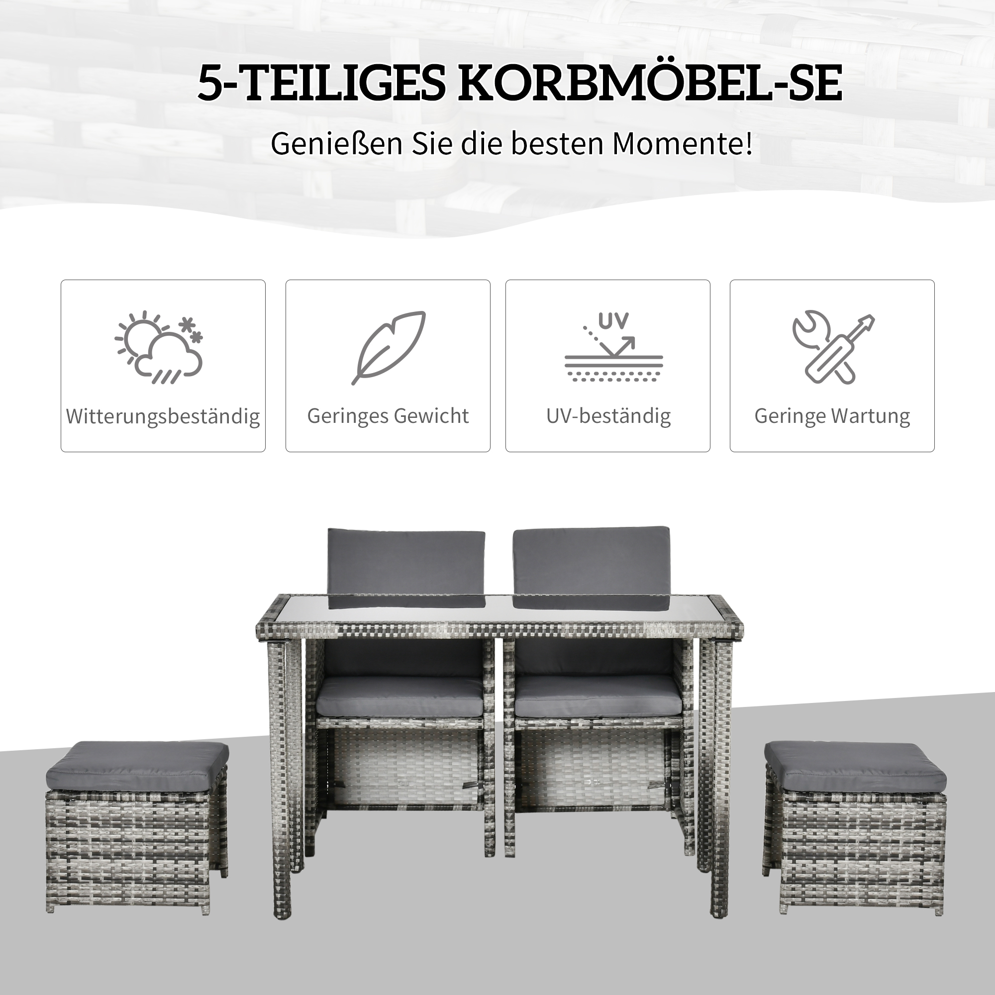 Polyrattan Sitzgruppe für 4 Personen Essgruppe Gartenset Garnitur mit Kissen, Grau