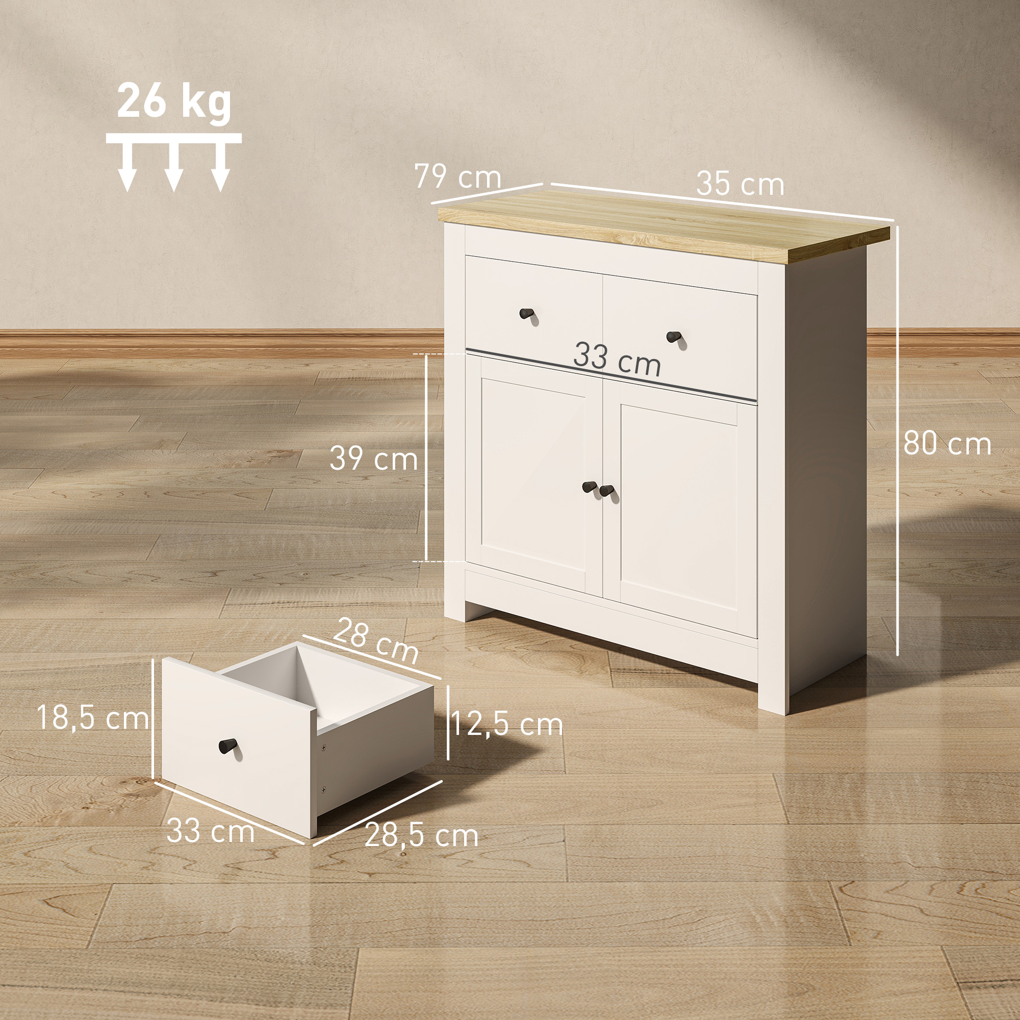 Kommode mit viel Stauraum, Sideboard mit Soft-Close-Türen, 2 Schubladen, verstellbares Regal, Weiß