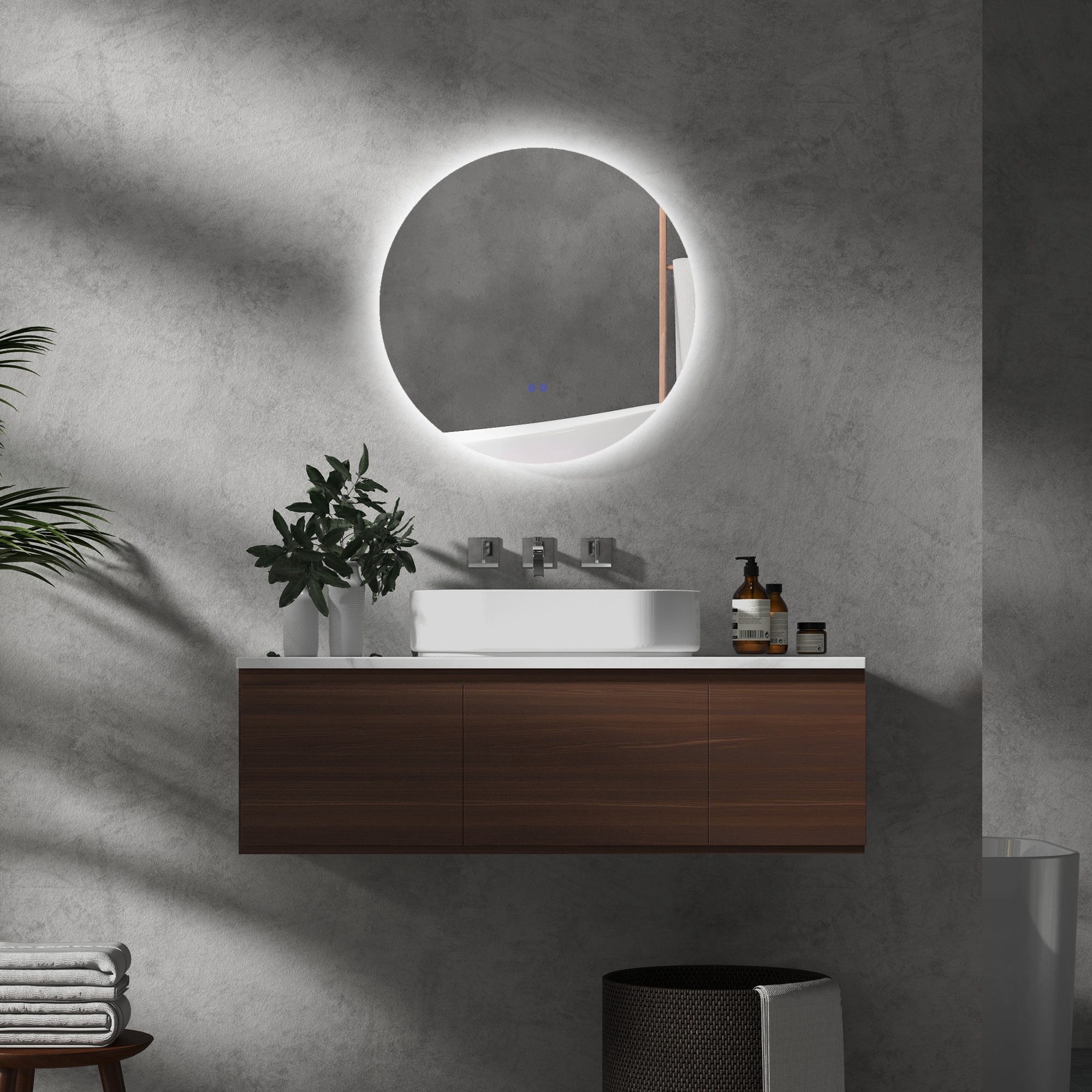 Badezimmerspiegel, LED, Farbwechsel, Antibeschlag, Touch-Schalter, IP44, Ø 60 cm, Weiß
