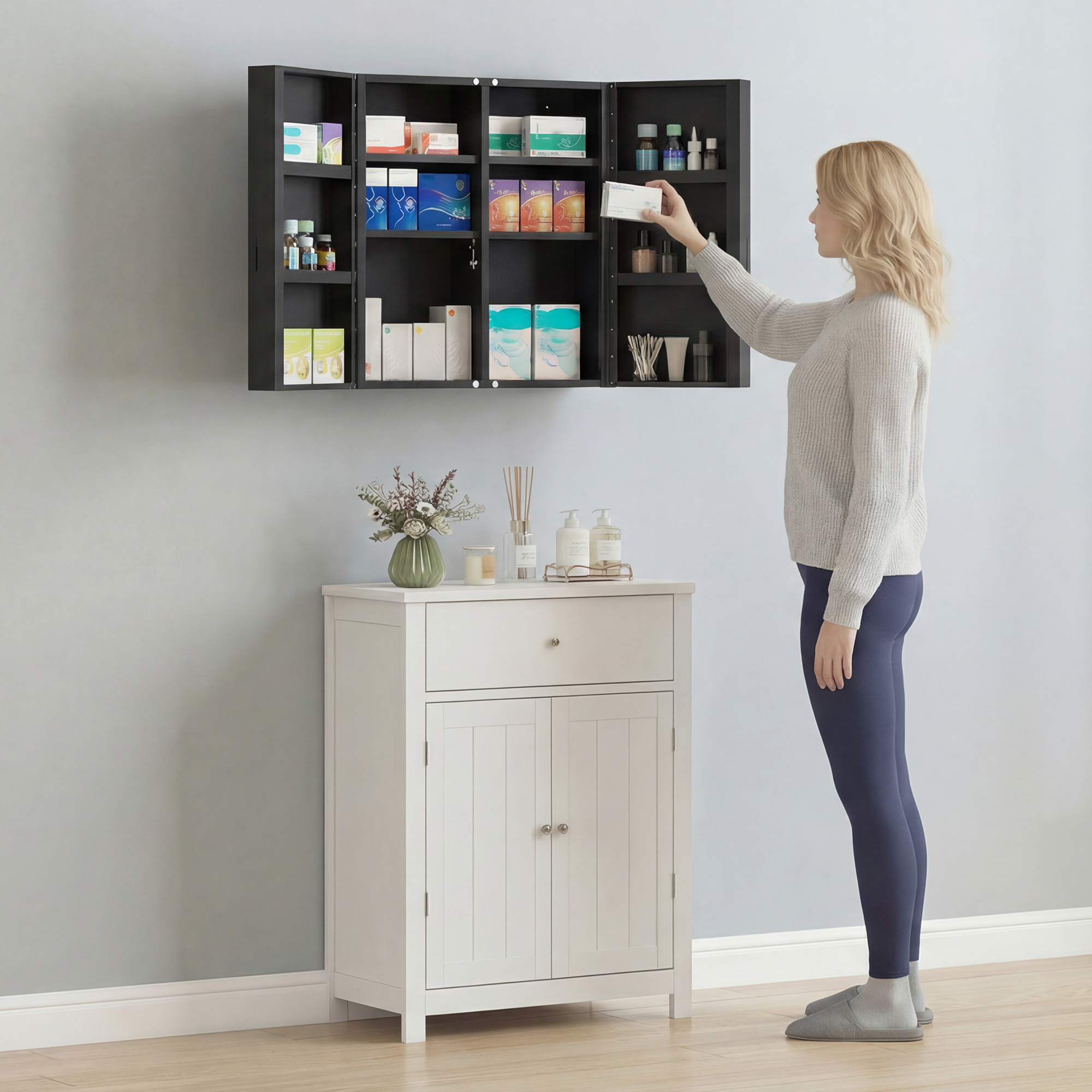 Medizinschrank, abschließbarer Medikamentenschrank mit 2 Türen und 6 Regalen, Schwarz