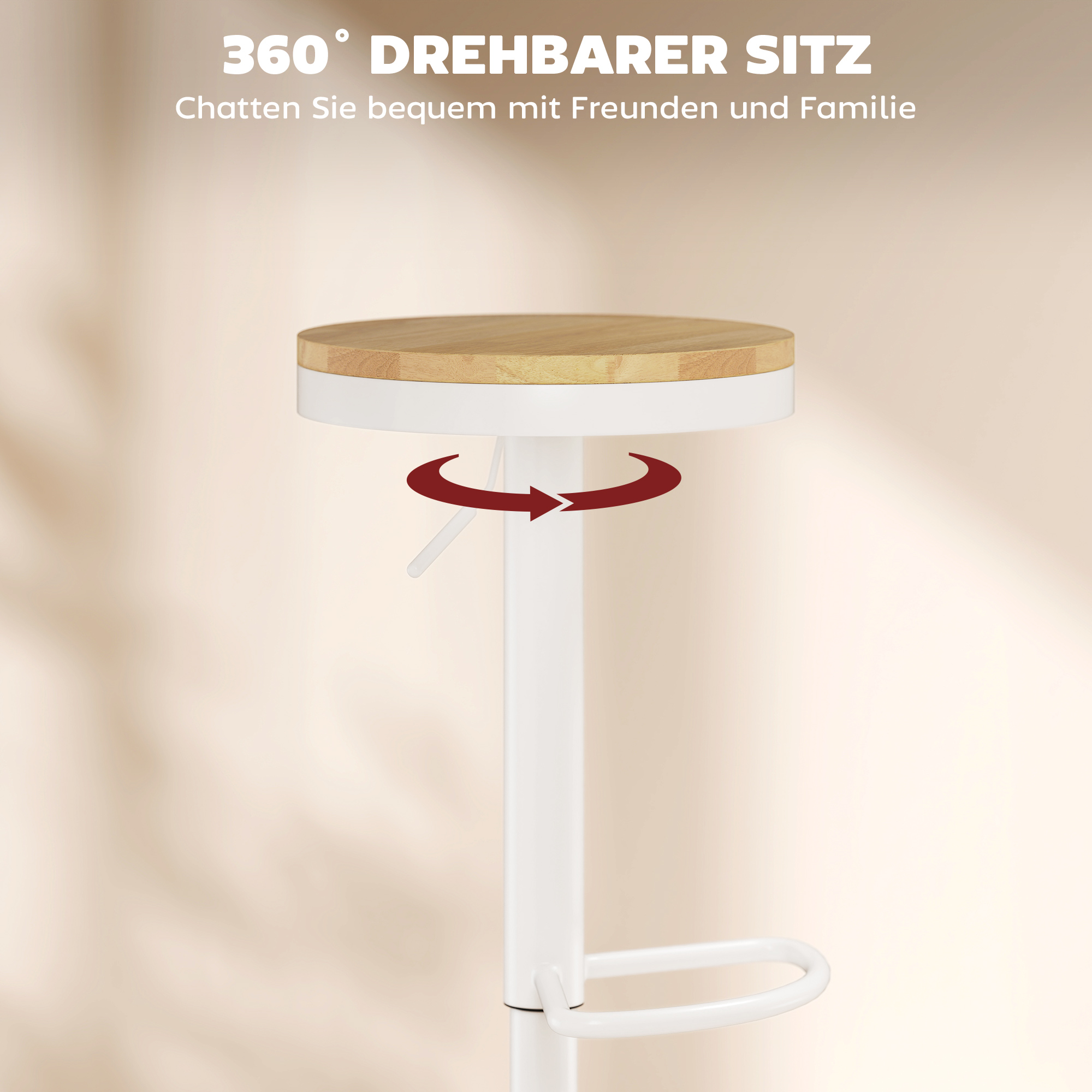 Barhocker 2er Set, Höhenverstellbar 360° Drehbar Barstuhl mit Stahlgestell Fußstütze 38,5x38,5x60-80 cm Naturholz+Weiß