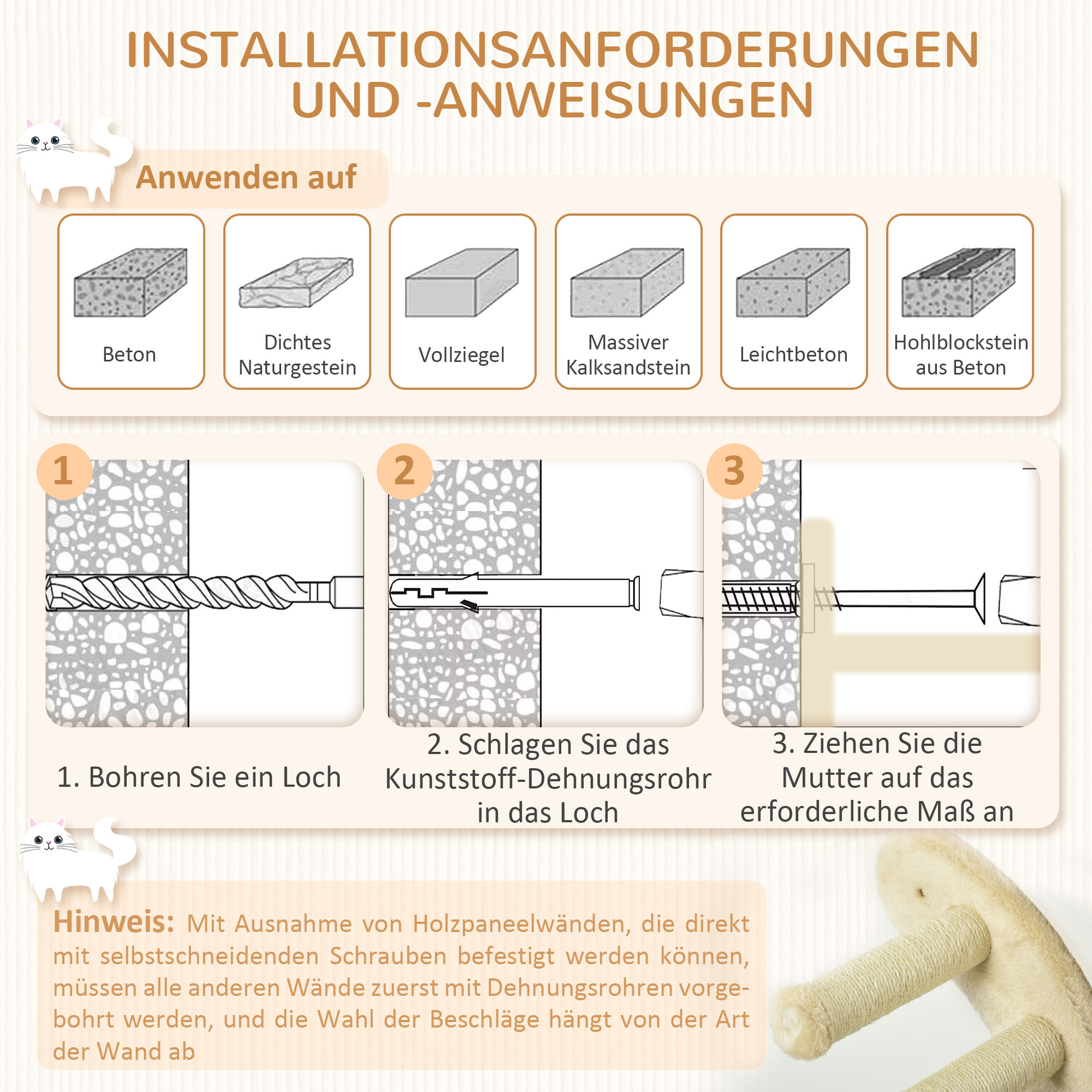 Katzentreppe, 4-teiliges Set, 3-stufige Sprossenleiter, 2 Plattformen, Hängematte, Plüschbezug, beige
