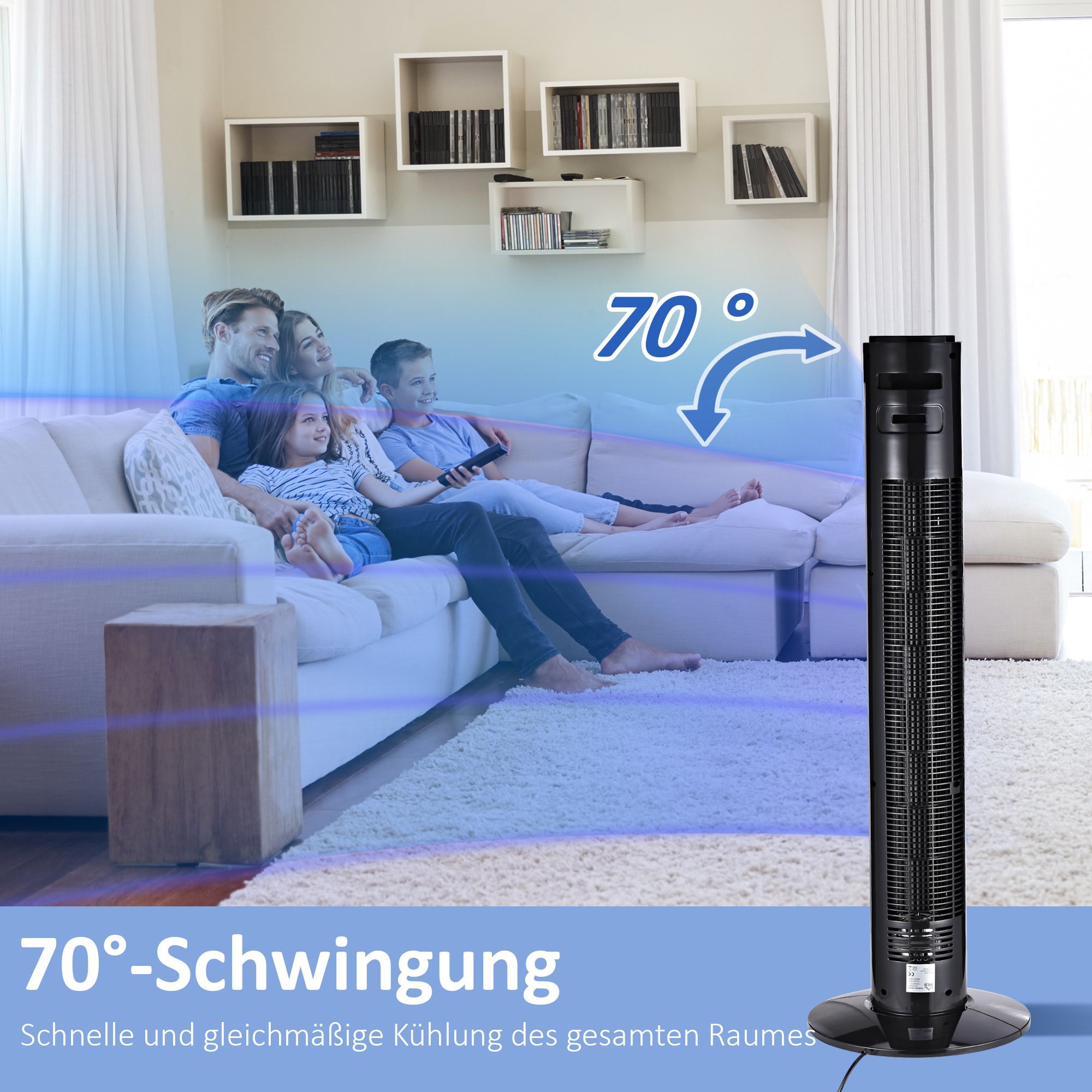 70° oszillierender Turmventilator mit Fernbedienung 3 Modi 3 Geschwindigkeiten Timer 32 x 32 x 96 cm Schwarz