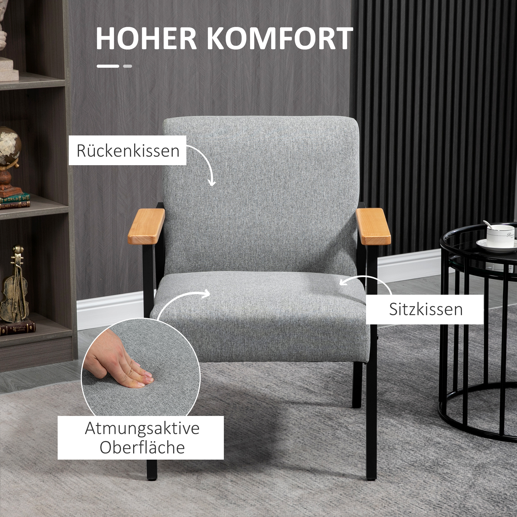 Akzentsessel im Skandidesign, Ruhesessel ,Akzentstuhl, Leinenoptik, Kautschukholz, Grau + Schwarz + Braun