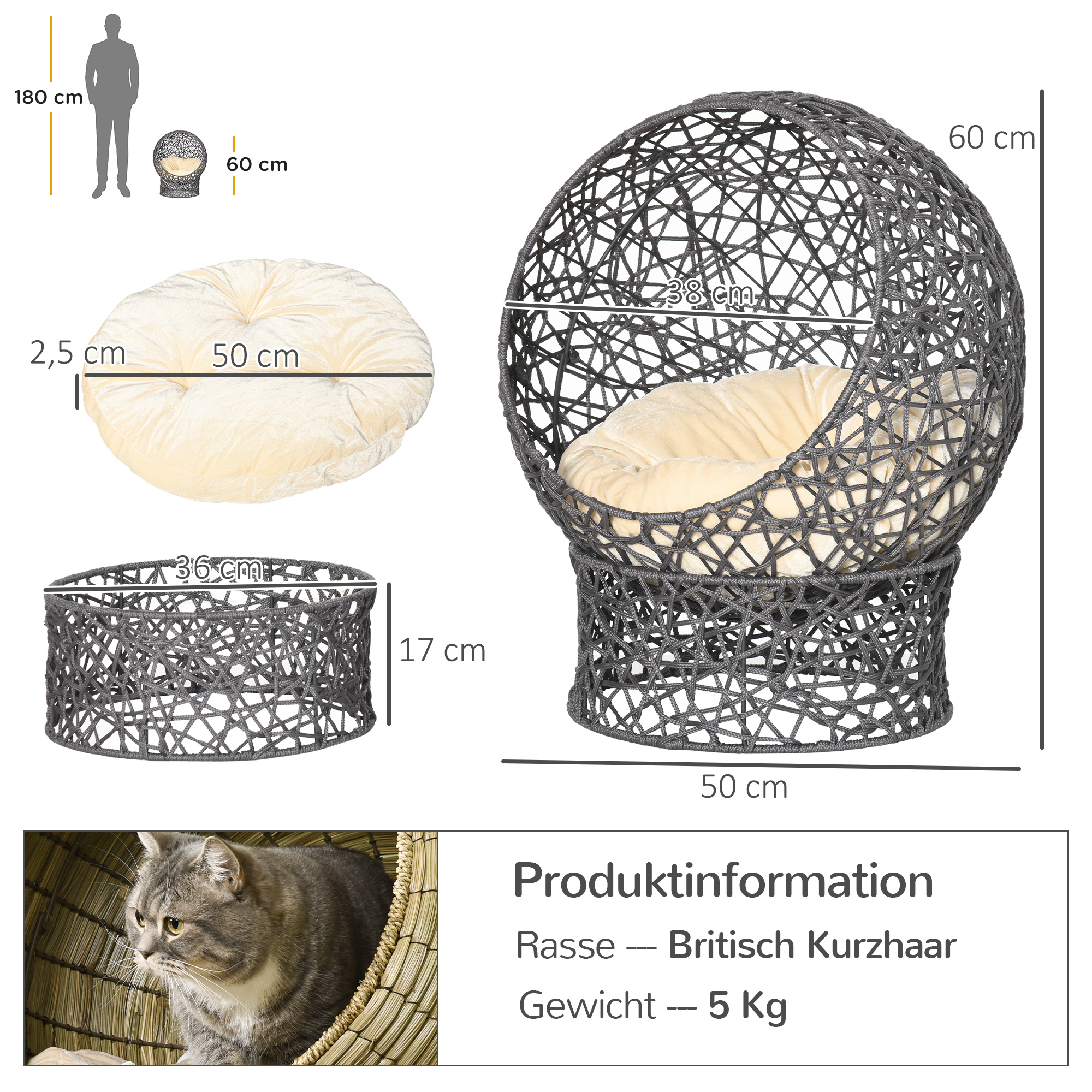 Katzenkorb, Katzenhöhle inkl, Kissen, 2-teilig, 50 cm x 50 cm x 60 cm, Cremeweiß + Anthrazit