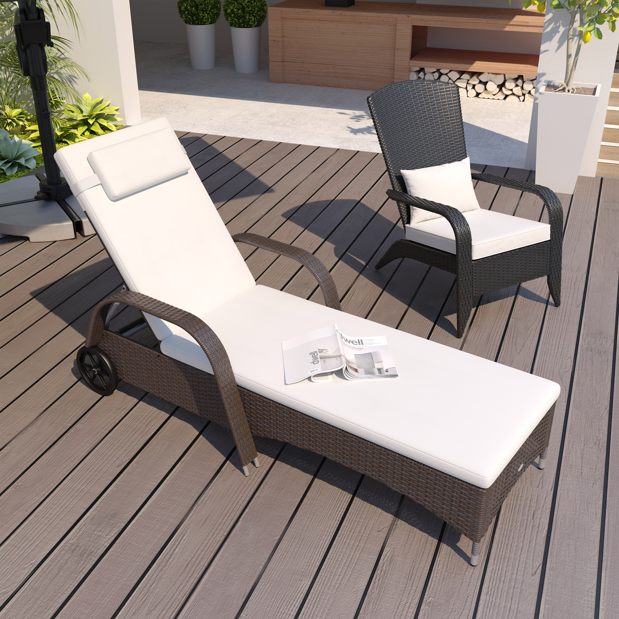 Sonnenliege Polyrattan Gartenliege mit 5-Fach verstellbarer Rücklehne, Polsterauflage, Rollen, Kissen, 160 kg belastbar Relaxliege Liegestuhl für Garten, 200x73x30-103cm, Kaffeebraun