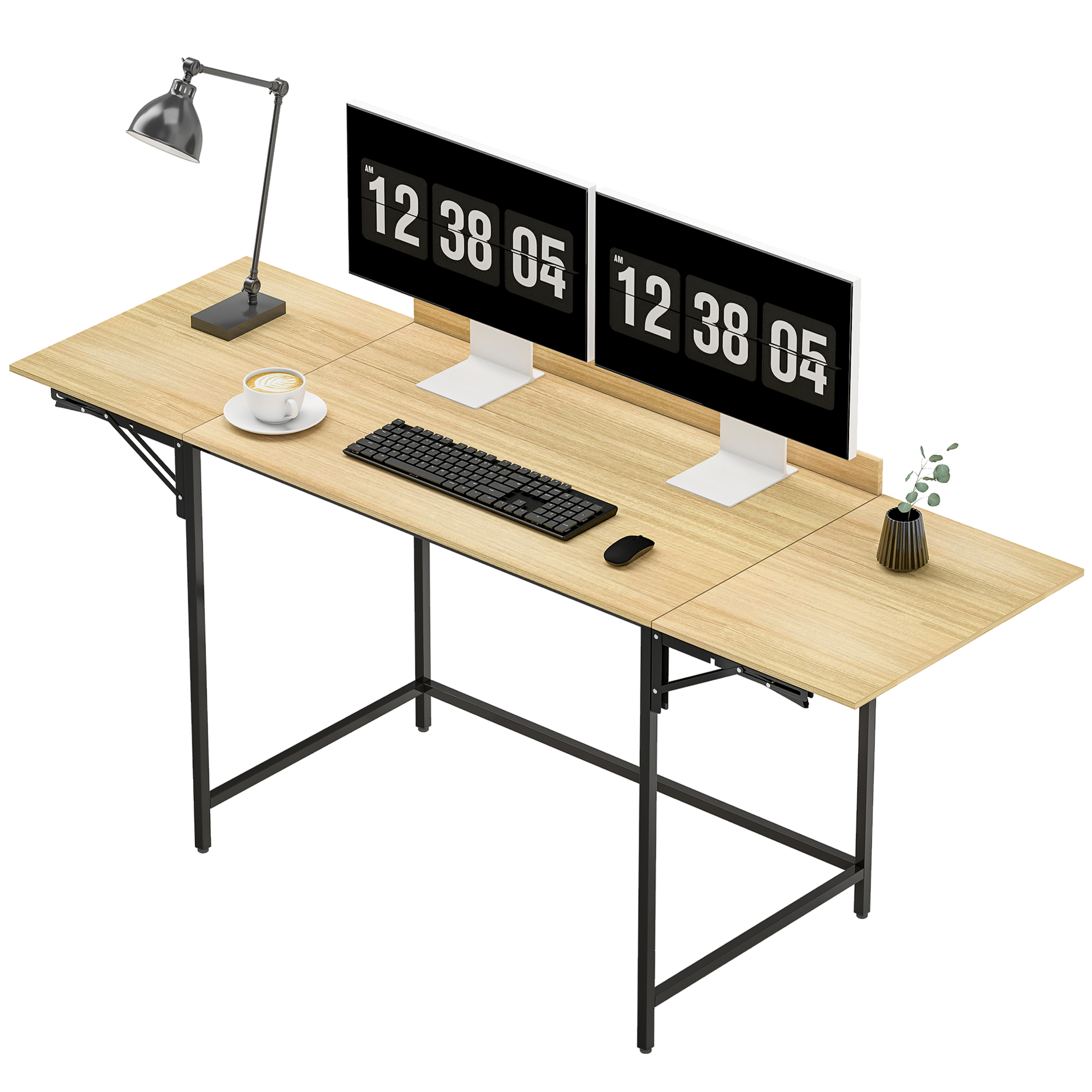 Klappbarer Computertisch mit 2 Ausziehplatten, viel Platz für Monitore, Metallbeine, robuste Konstruktion, Eiche+Schwarz