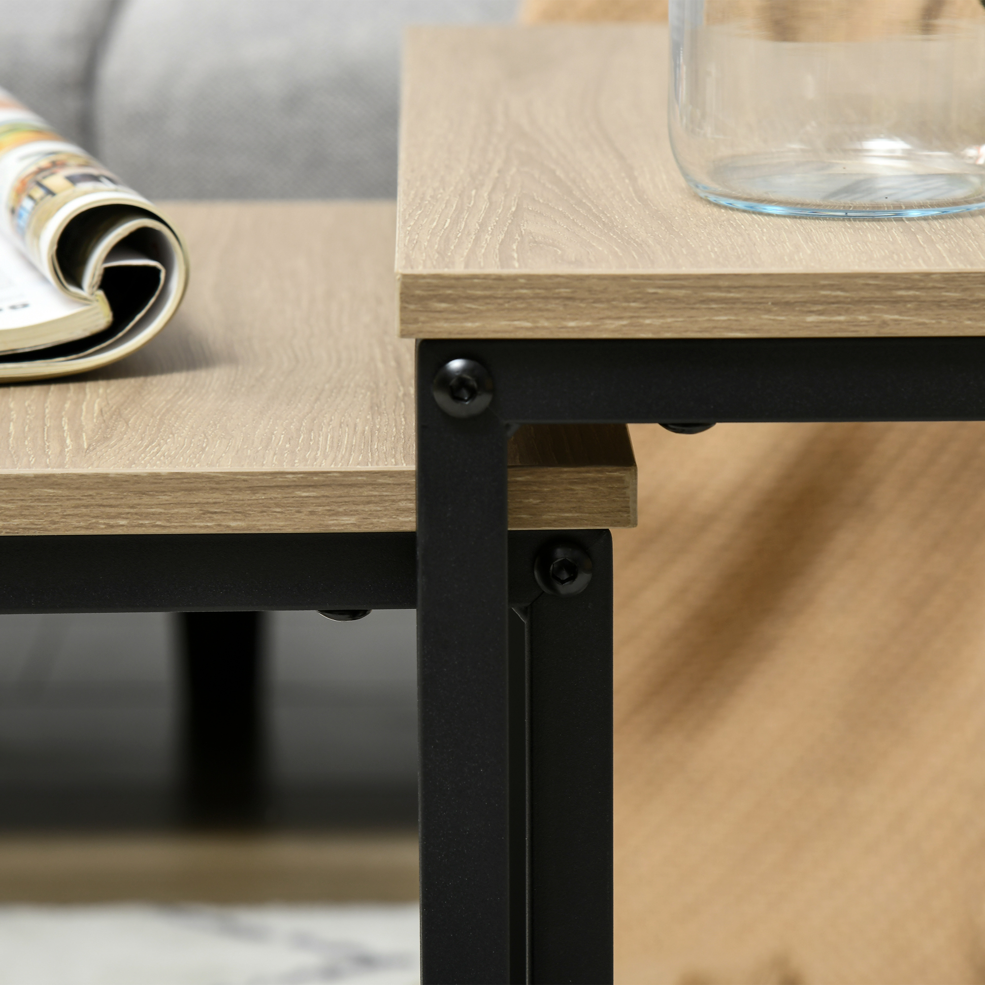 Satztisch-Set aus 3 Beistelltischen, Industrial Design, schwarzer Stahlrahmen, Tischplatte in Holzoptik