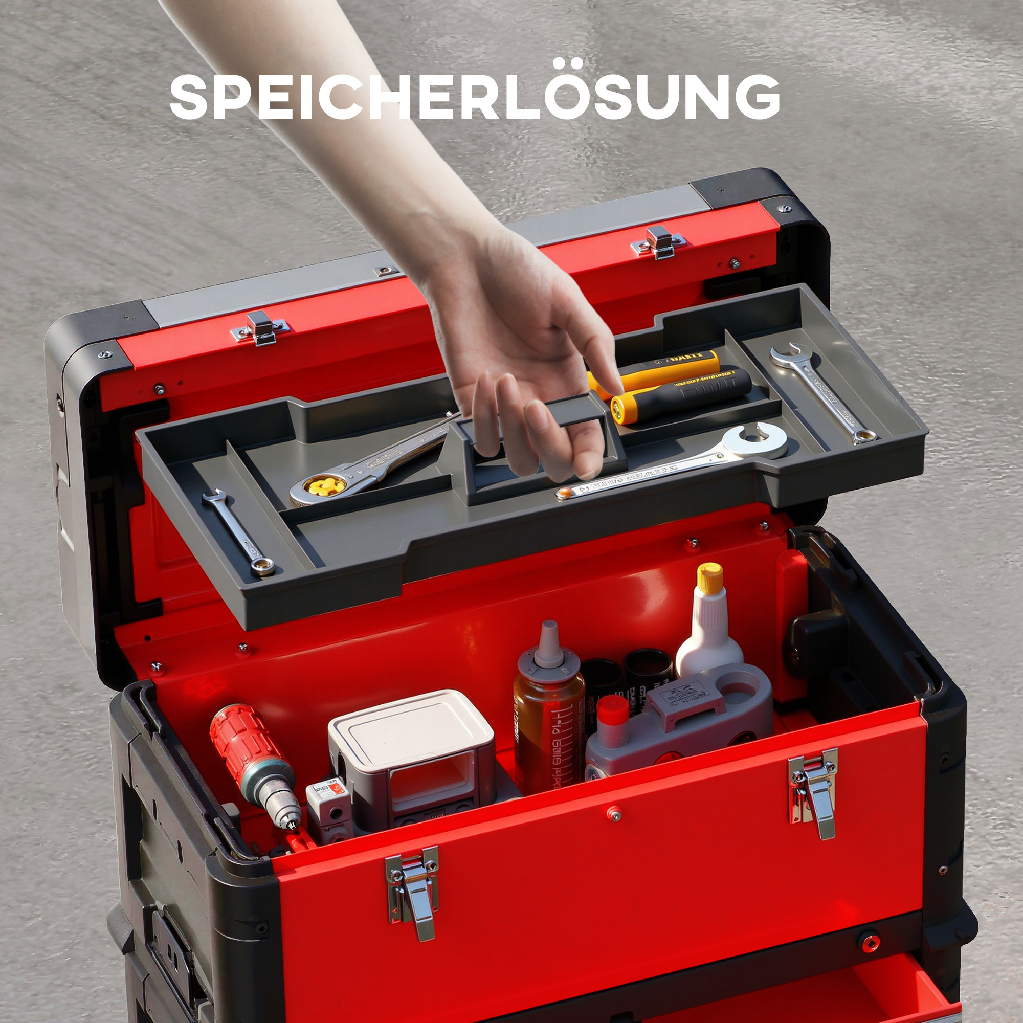 3-stufiges Werkzeugkasten-Set, mit Rädern, ineinandergreifend, Stahl, Kunststoff