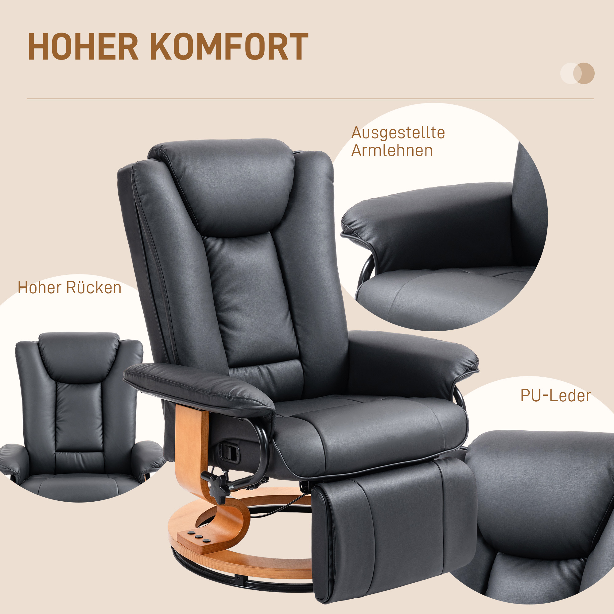 Relaxsessel mit Liegefunktion, drehbar, bis 150 kg, Kunstlederbezug, Stahlrahmen, Schwarz