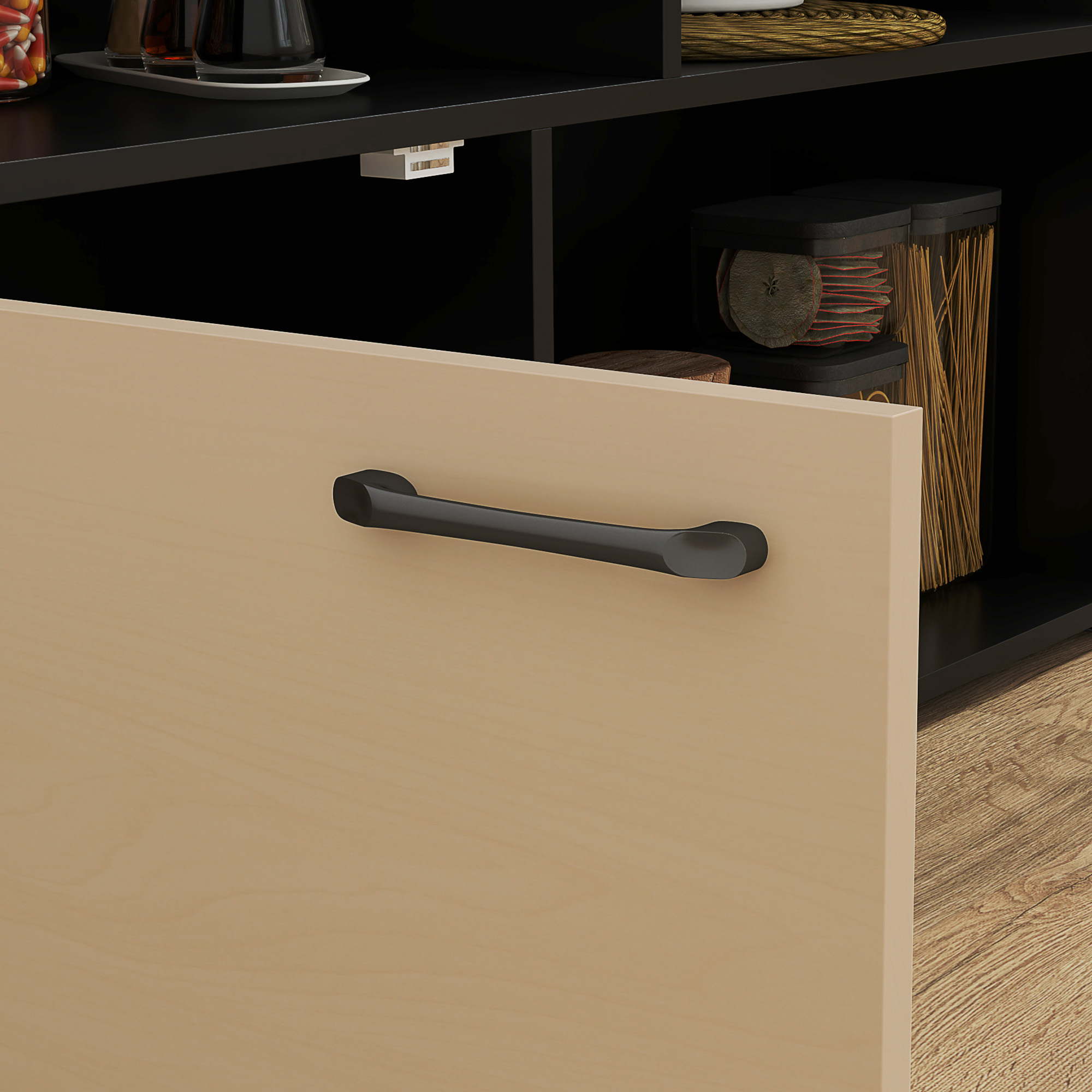 3-tlg, Barset, Bartisch mit klappbarer Tischplatte, 2 Barhocker, 6 Staufächer, schwarz+Eiche, 116 x 70 x 89,5 cm