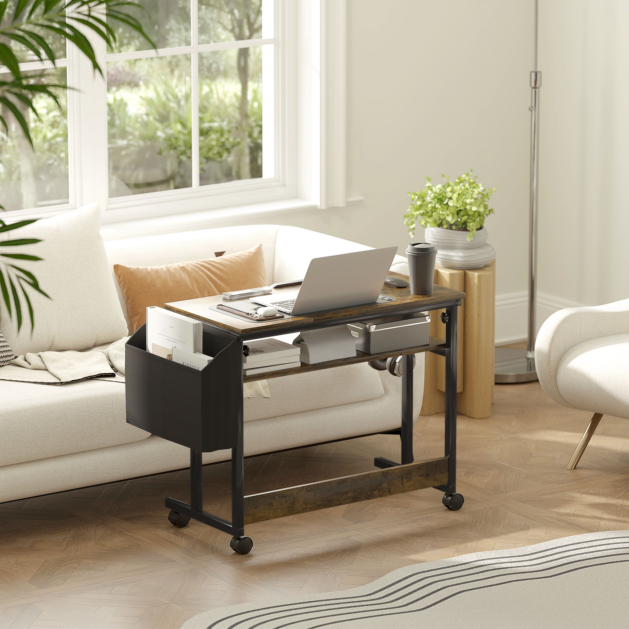 Höhenverstellbares Stehpult mit neigbarer Tischplatte, Rädern, Aufbewahrungsregal, zum Schreiben, Lesen, Zeichnen, Braun