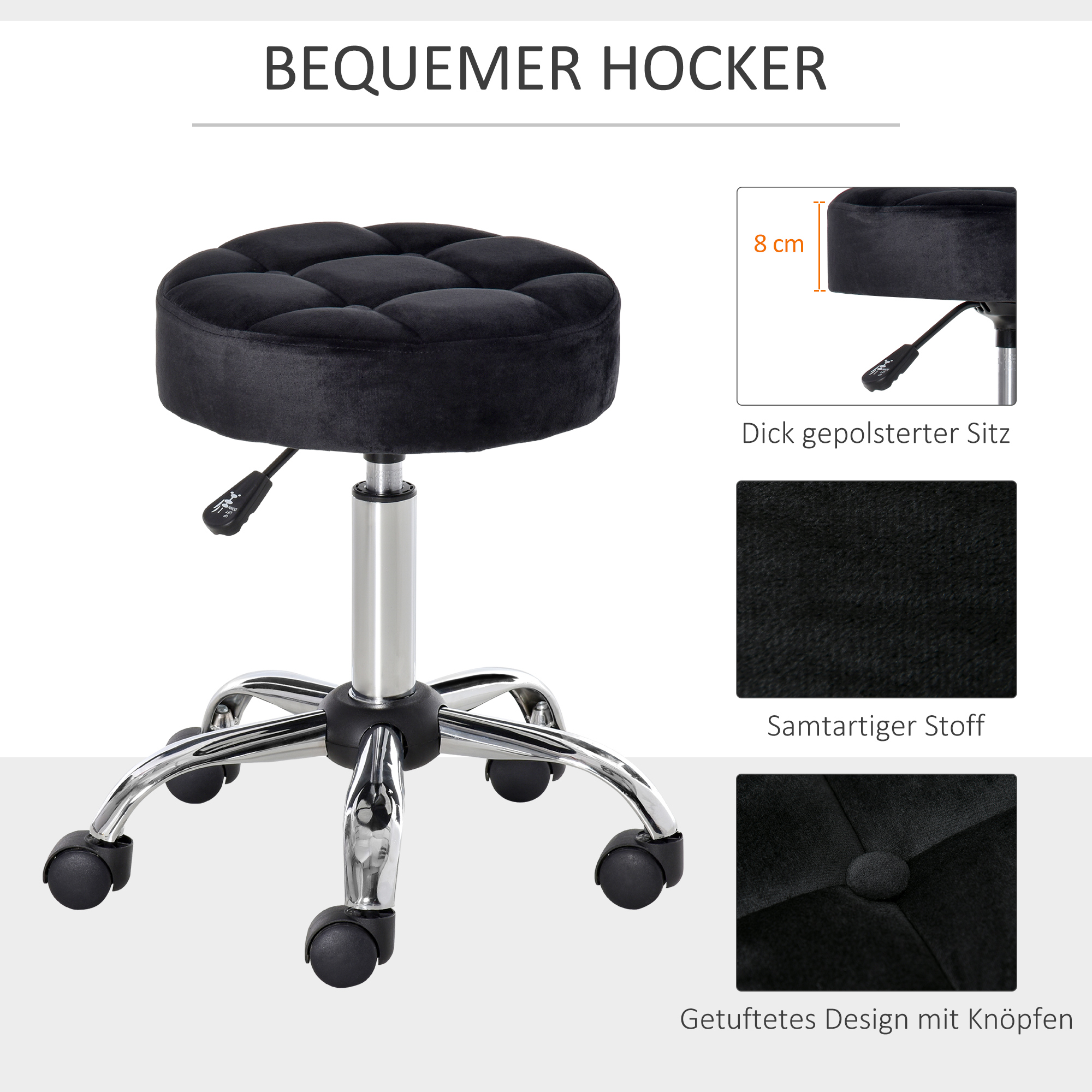 Salonhocker, höhenverstellbar, Bezug in Samtoptik, Ø35 x 49-61 cm, Schwarz