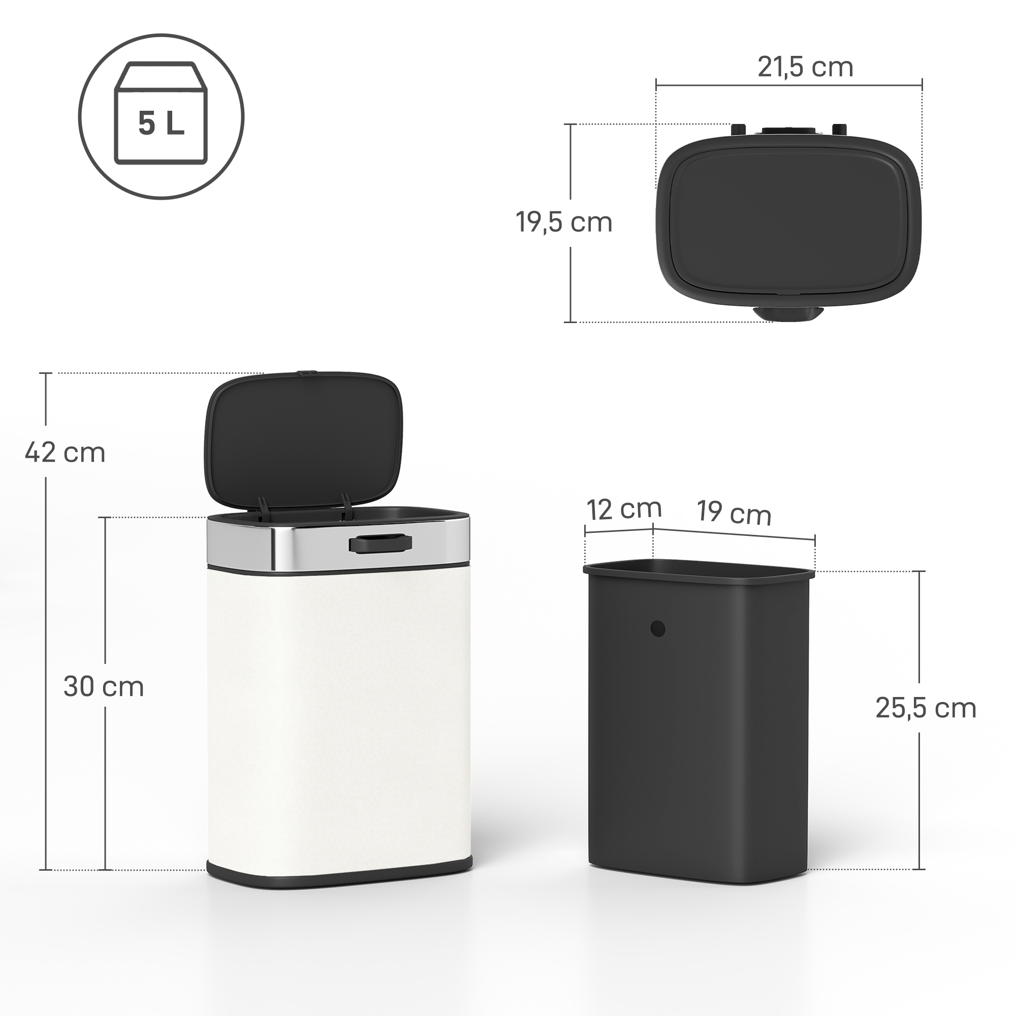 5 L Mülleimer, freistehend oder hängend platzierbar, Edelstahl, Cremeweiß