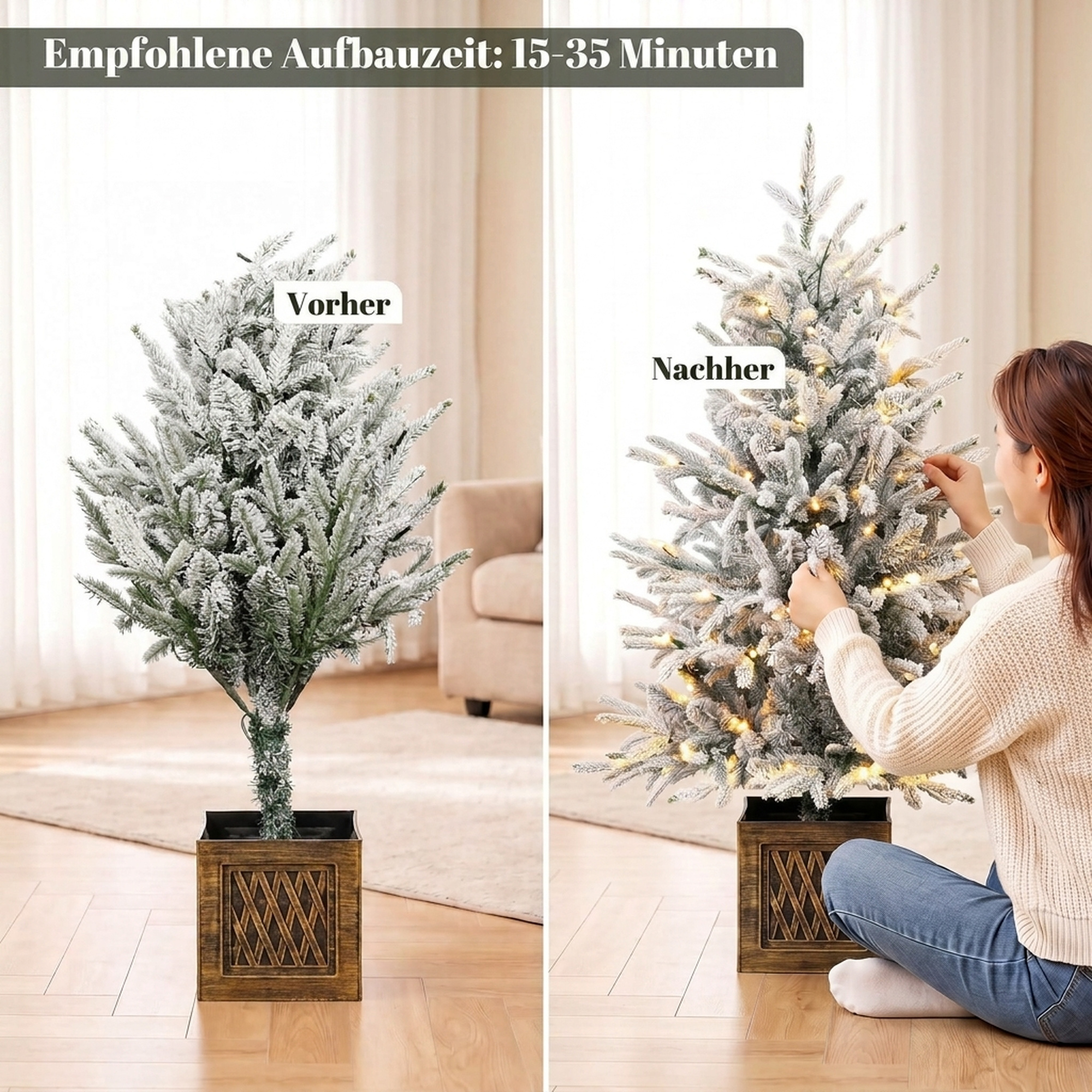 Tisch-Weihnachtsbaum 90 cm, vorbeleuchtet, beschneit, künstlich, 70 warmweiße LEDs, 488 Spitzen, Grün