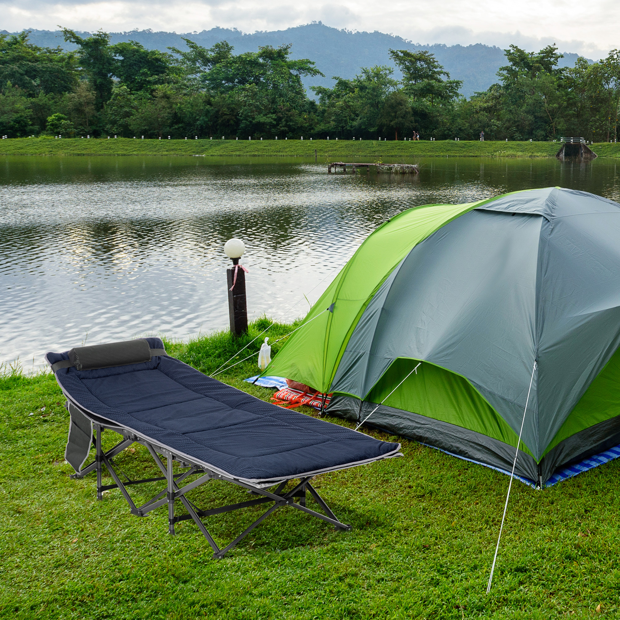 Campingbett, klappbares Feldbett mit Kopfkissen, 188 x 64,5 x 53 cm, Dunkelblau+Grau