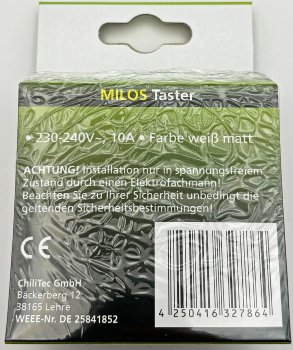 MILOS Taster, weiß matt / 0-250V~/ 10A, inkl. Rahmen, UP