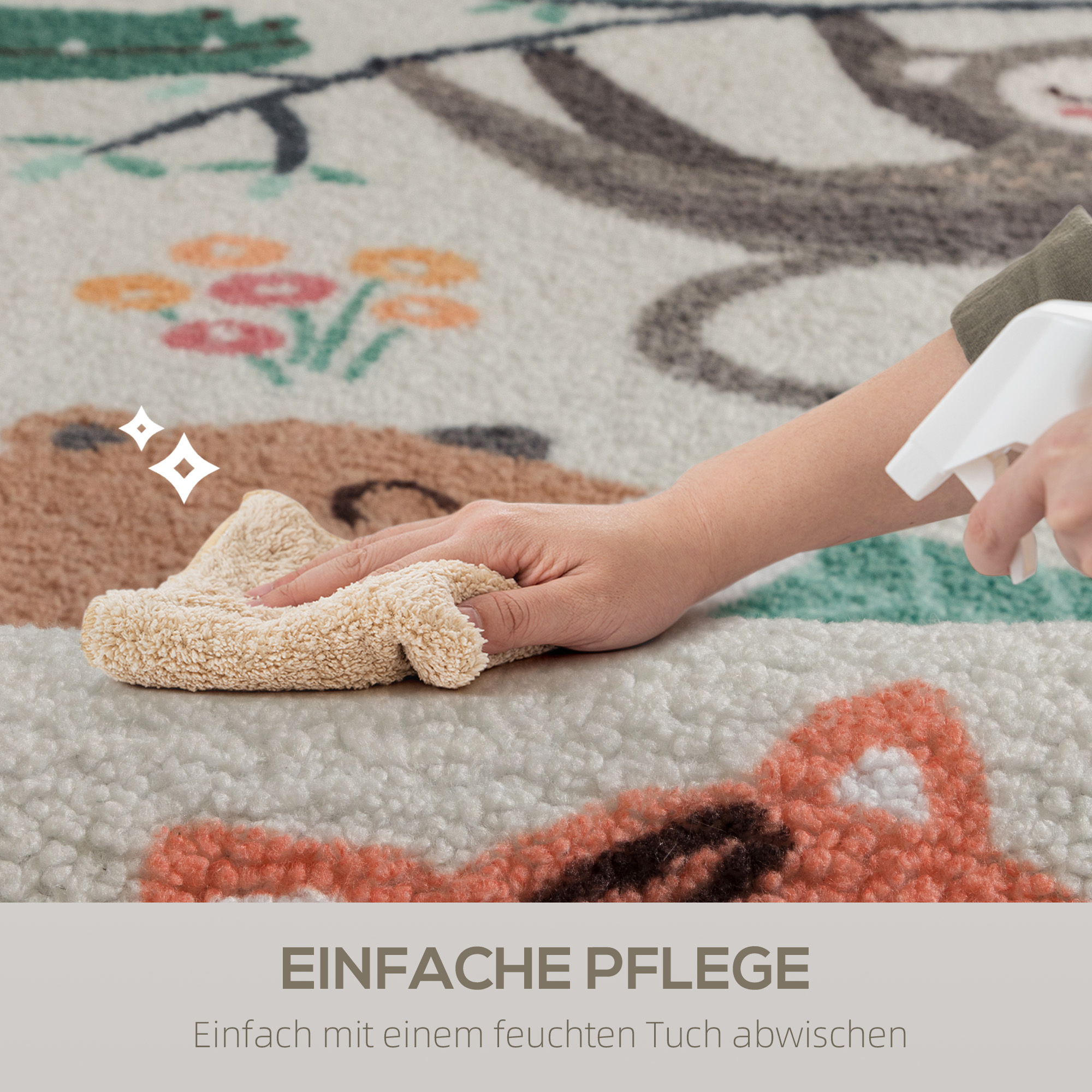 Fleece-Teppich mit Dschungel-Muster, pflegeleicht, Cremeweiß+Bunt