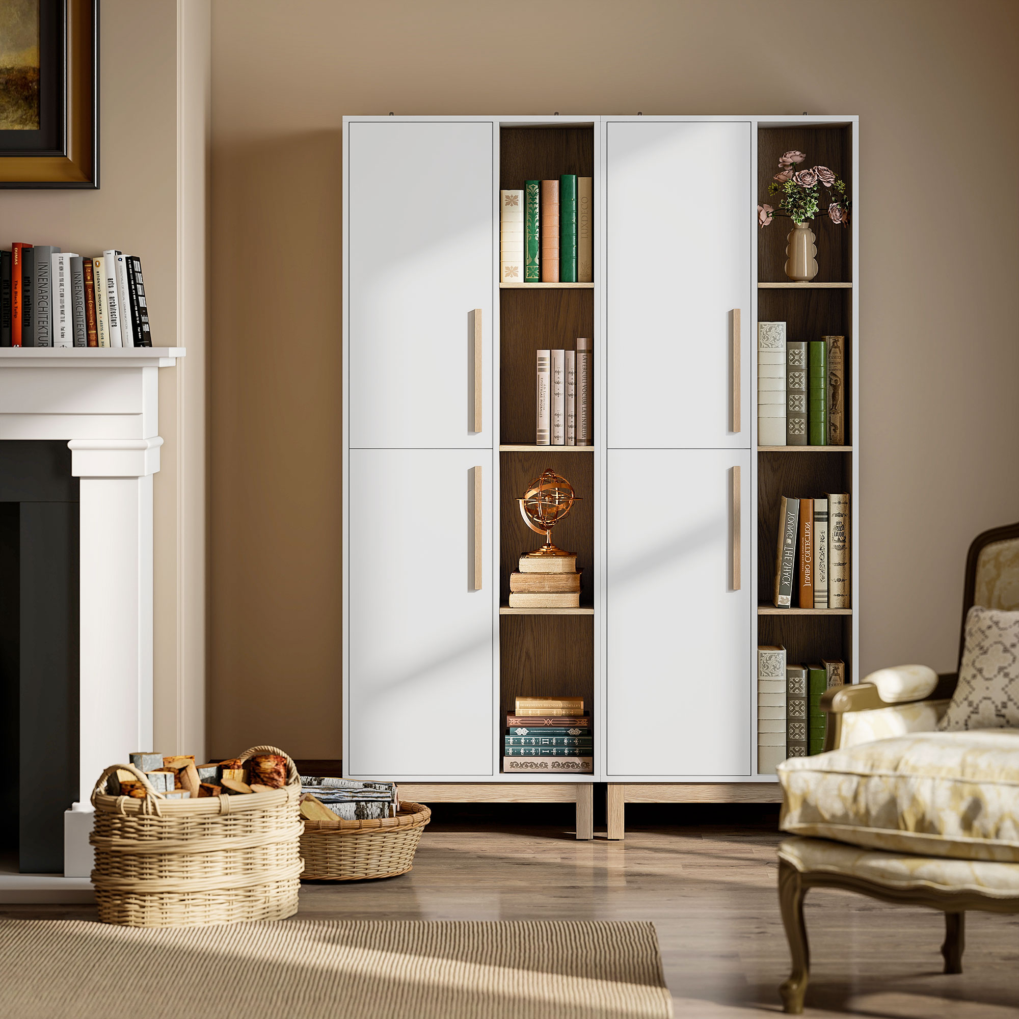 176 cm großes Bücherregal, 4 offene Regale, 2 Schränke, freistehender Bücherschrank, MDF, Weiß