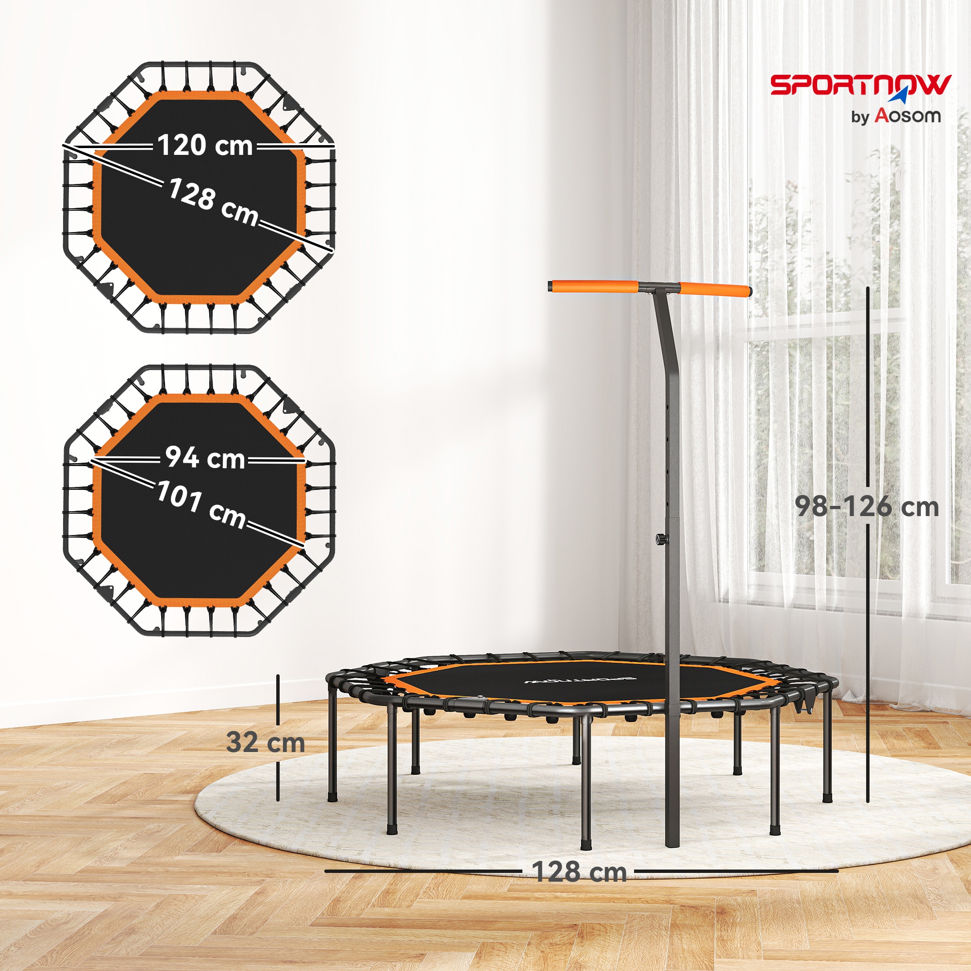 Fitness-Trampolin, Trainingstrampolin mit verstellbarem Haltegriff, stabil und leise, für drinnen, Stahl, Orange
