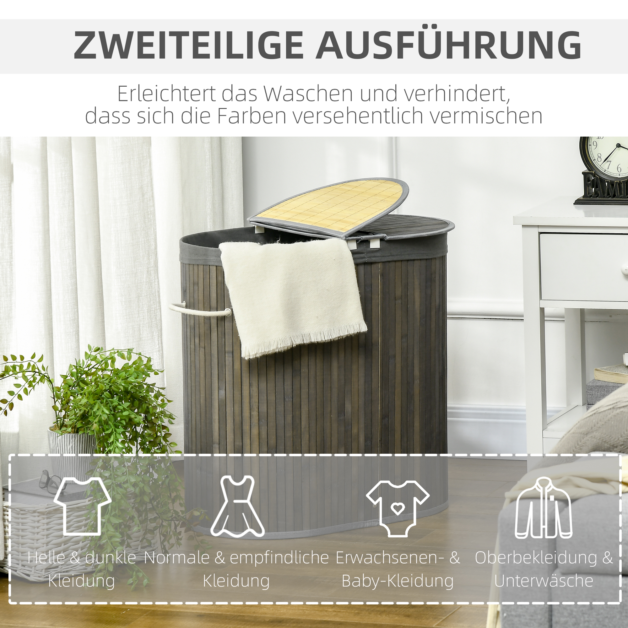 100 L Wäschekorb mit Deckel, Griff, 2 Abschnitte, herausnehmbarer Wäschesack, für Schlafzimmer, Badezimmer, Bambus, Grau