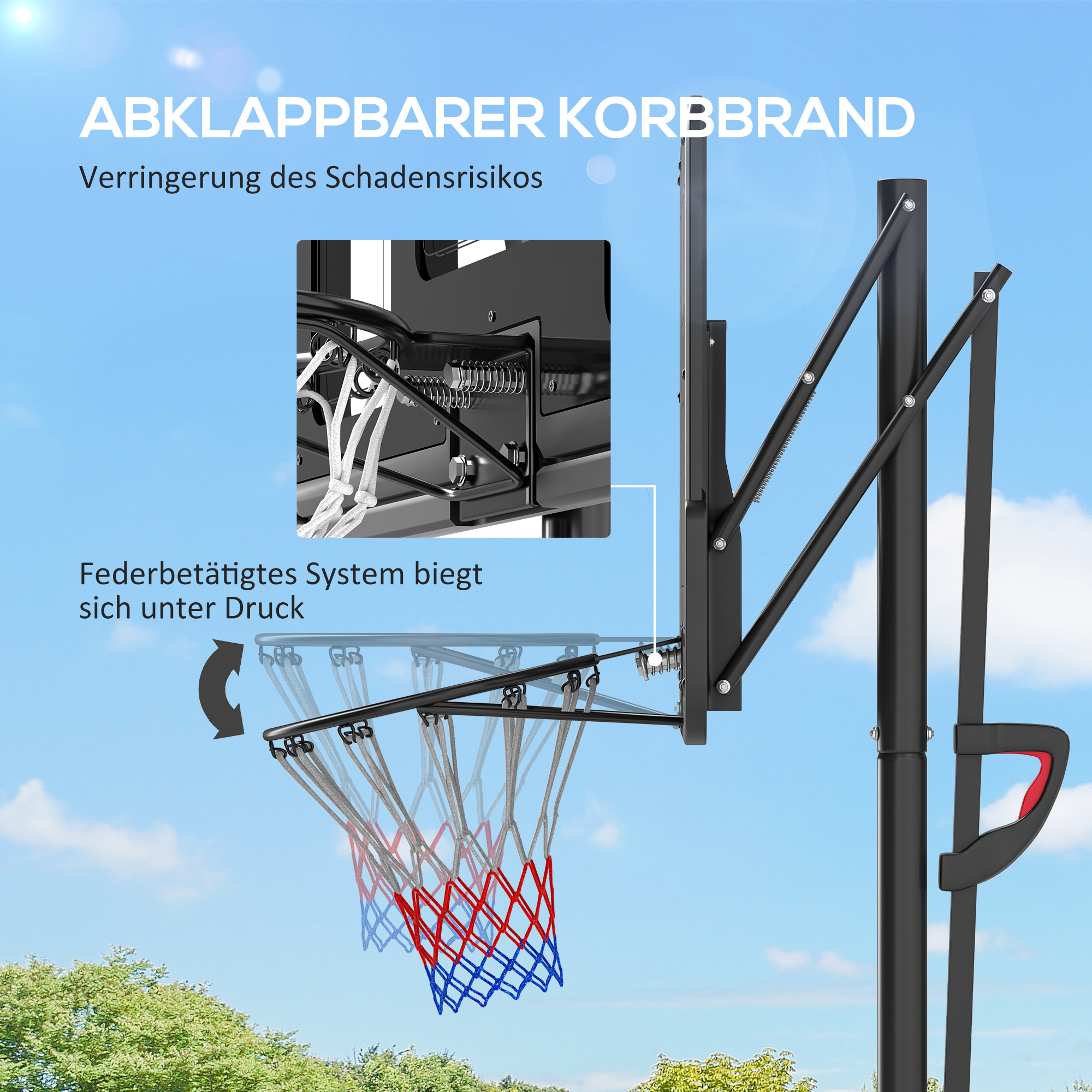 Basketballständer, höhenverstellbare Korbhöhe 235-305 cm, befüllbare Basis mit Rädern, Schwarz
