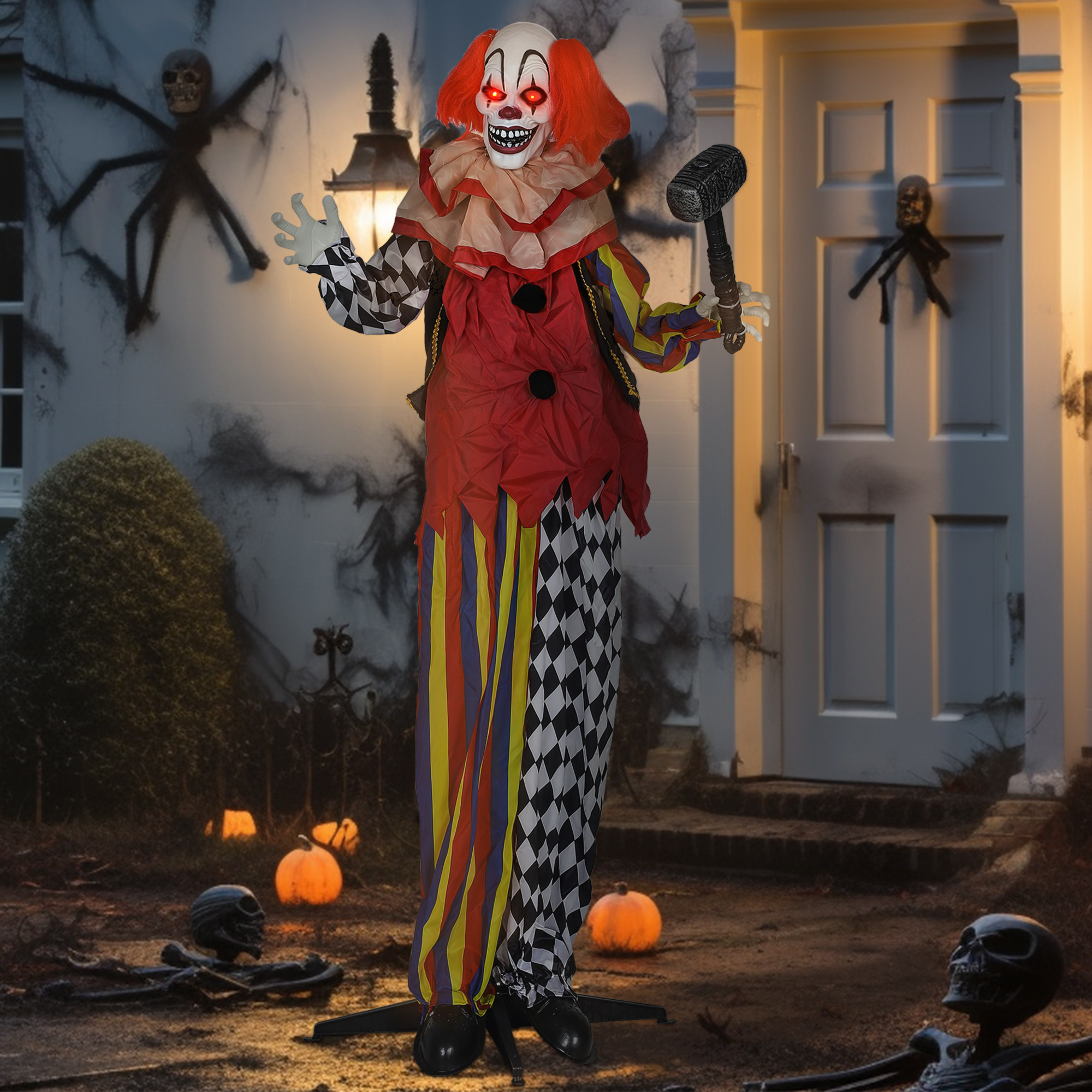 Grusel-Clown, Halloween-Animatronik, 173 cm, leuchtende Augen, Geräusch-Aktivierung, bewegliche Arme und Kopf, Batteriebetrieb, Kunststoff, Metall, Rot