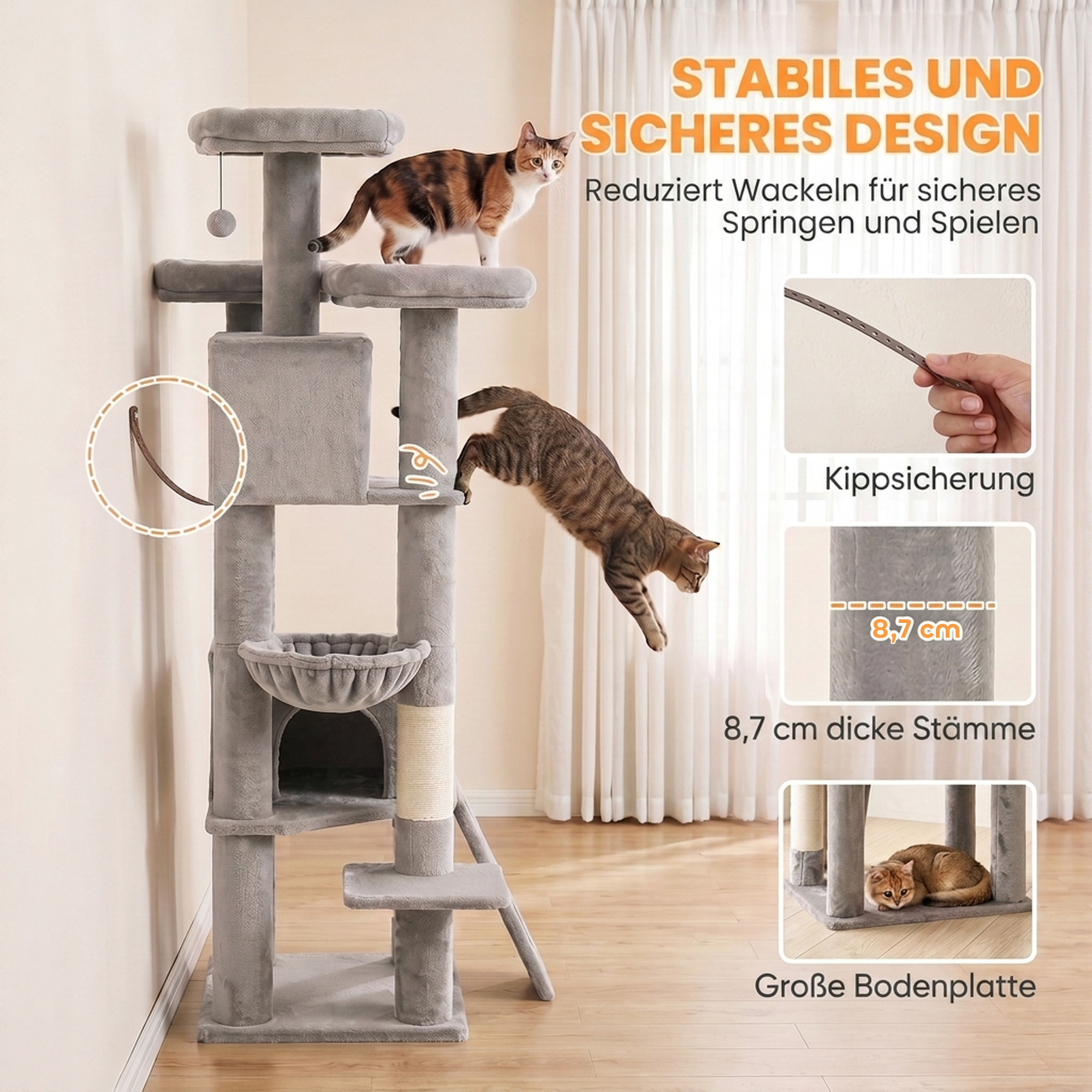 Kratzbaum Groß 184 cm hoch Katzenbaum mit 3 Kratzstämmen Liegeflächen Spielball Hängematte Leiter, Katzen unter 6 kg