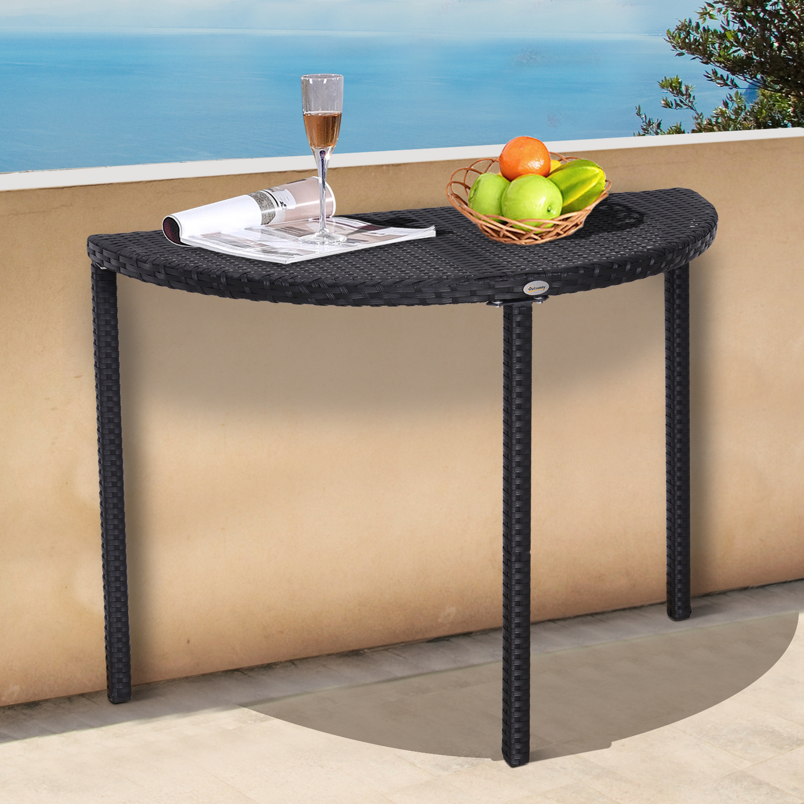 Balkontisch Garten Beistelltisch Tisch Gartenmöbel halbrund Polyrattan Metall Schwarz 100 x 50 x 74 cm
