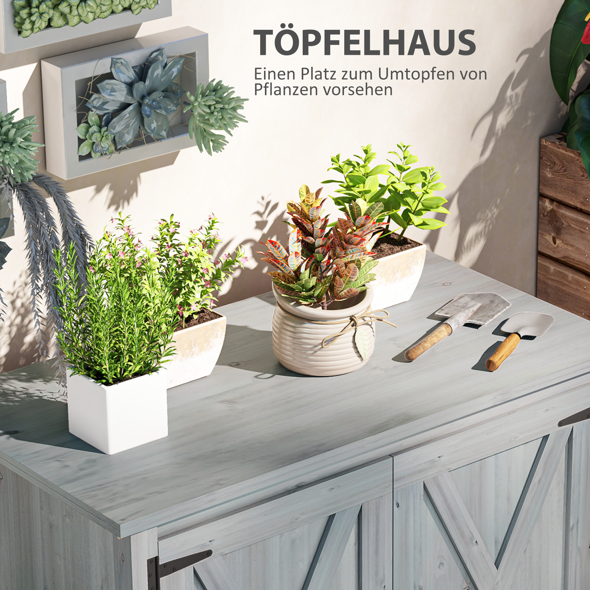 Gartenschrank, Holzschrank für Gartengeräte, Outdoor-Schrank für Terrasse, mit Doppeltüren, Scheunendesign, Hellgrau
