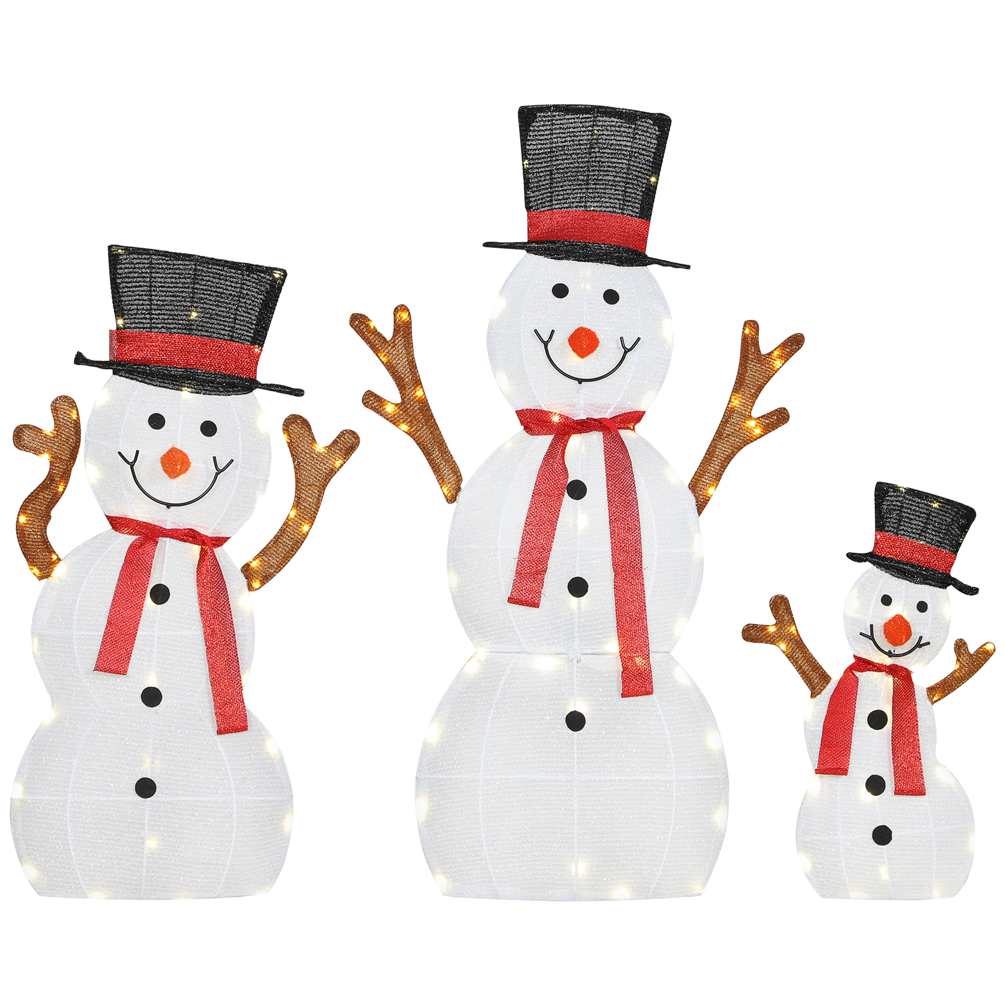 3-teilige weihnachtliche Schneemann-Familie, Außendekoration, LED-Lichter, Bodenpfähle, wasserfest, Stahl, Polyester, Weiß