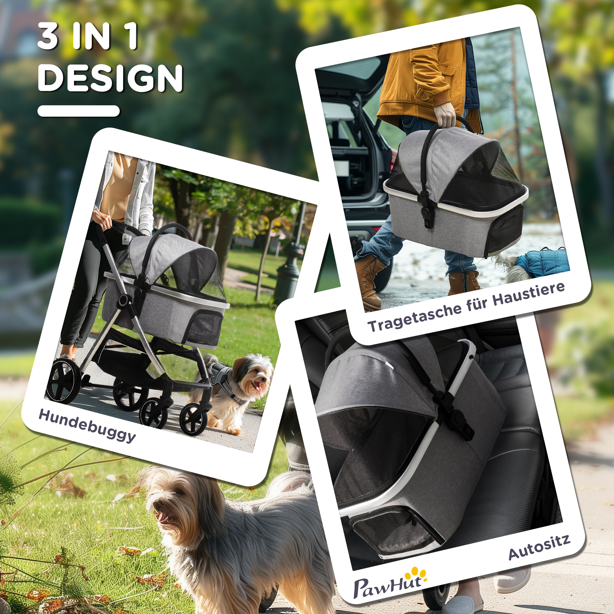 Hundebuggy Hundewagen bis 10 kg Klappbar Tragtasche Bodenkorb 83 cm x 58 cm x 102 cm, Hellgrau