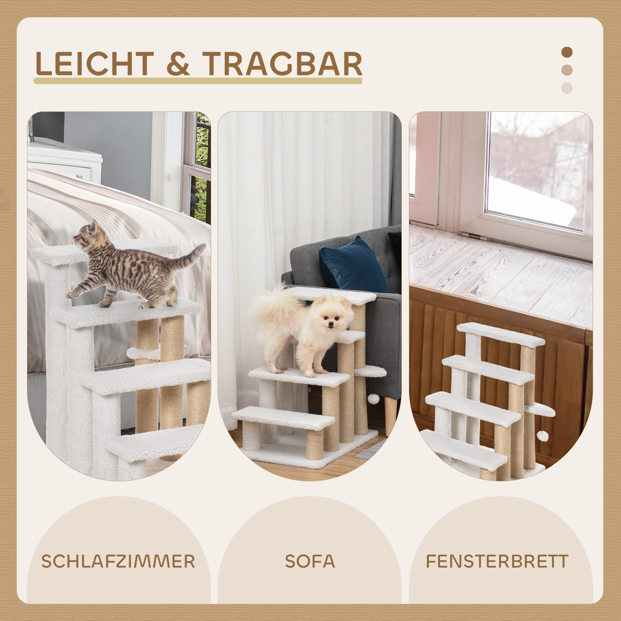 Katzentreppe 4-stufige Haustiertreppe mit Kratzsäulen Ball Hundetreppe Tiertreppe für Katzen bis 5 kg Plüsch Jute Weiß 60 x 40 x 64 cm