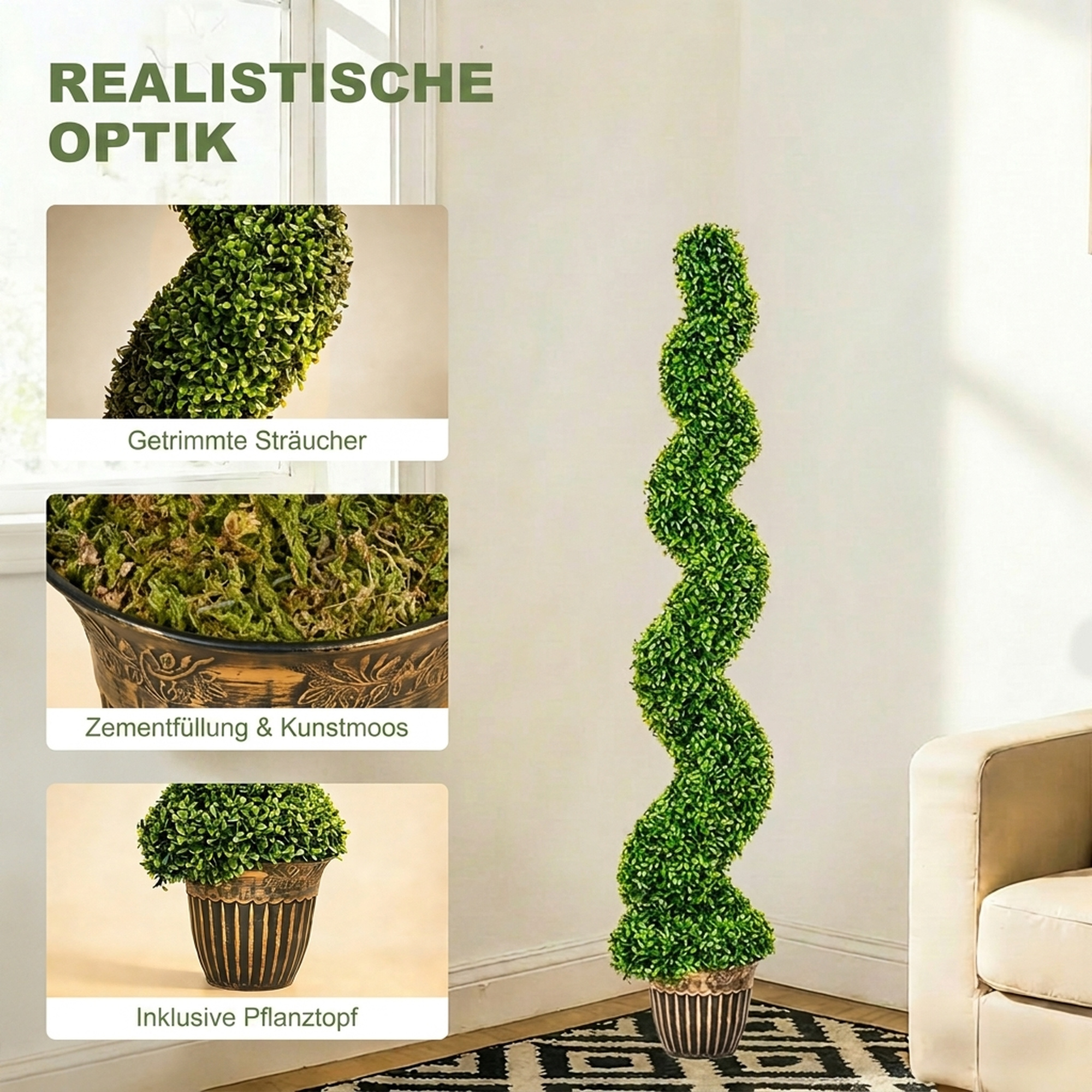 spiralförmiger Buchsbaum, 2er Set Kunstpflanzen, mit Topf, 150 cm Höhe, Grün