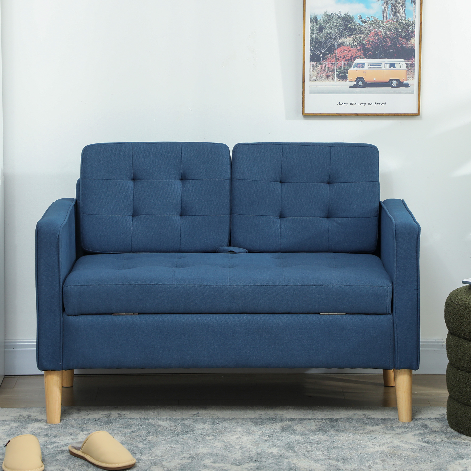 Zweisitzer-Sofa mit Stauraum, Knopfheftung, Kissen, Kautschukbaumholz, 117x62x78cm, Blau