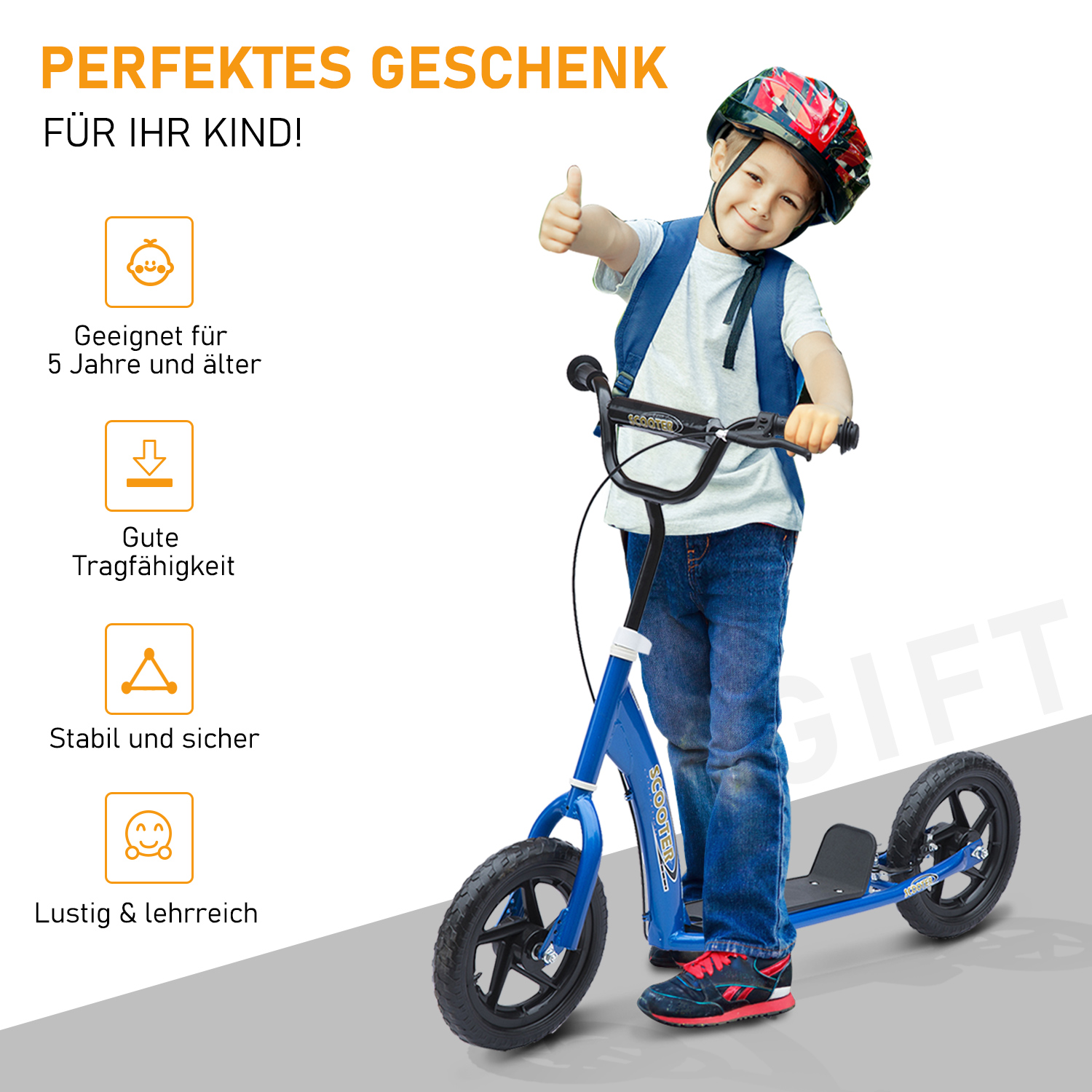 Kinderroller mit Hinterbremse Kickscooter 12 Zoll Tretroller Roller Scooter Cityroller für Kinder Kickboard Höhenverstellbar Stahl EVA Blau 120 x 52 x 80-88 cm