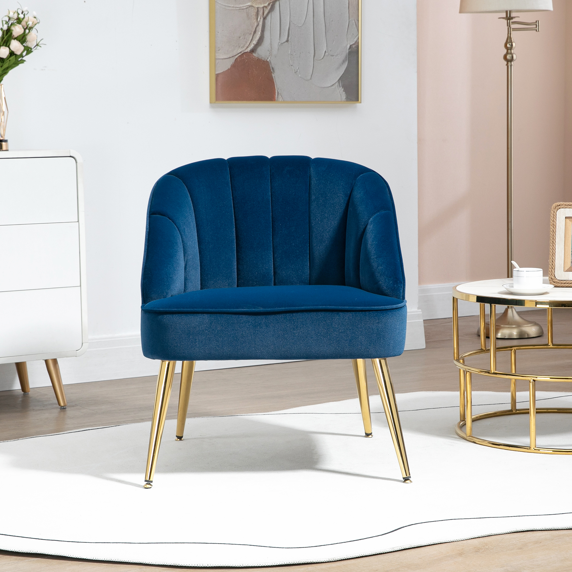 Sessel in Retrodesign, Lesesessel, Akzentsessel, Samtoptik, Blau + Gold