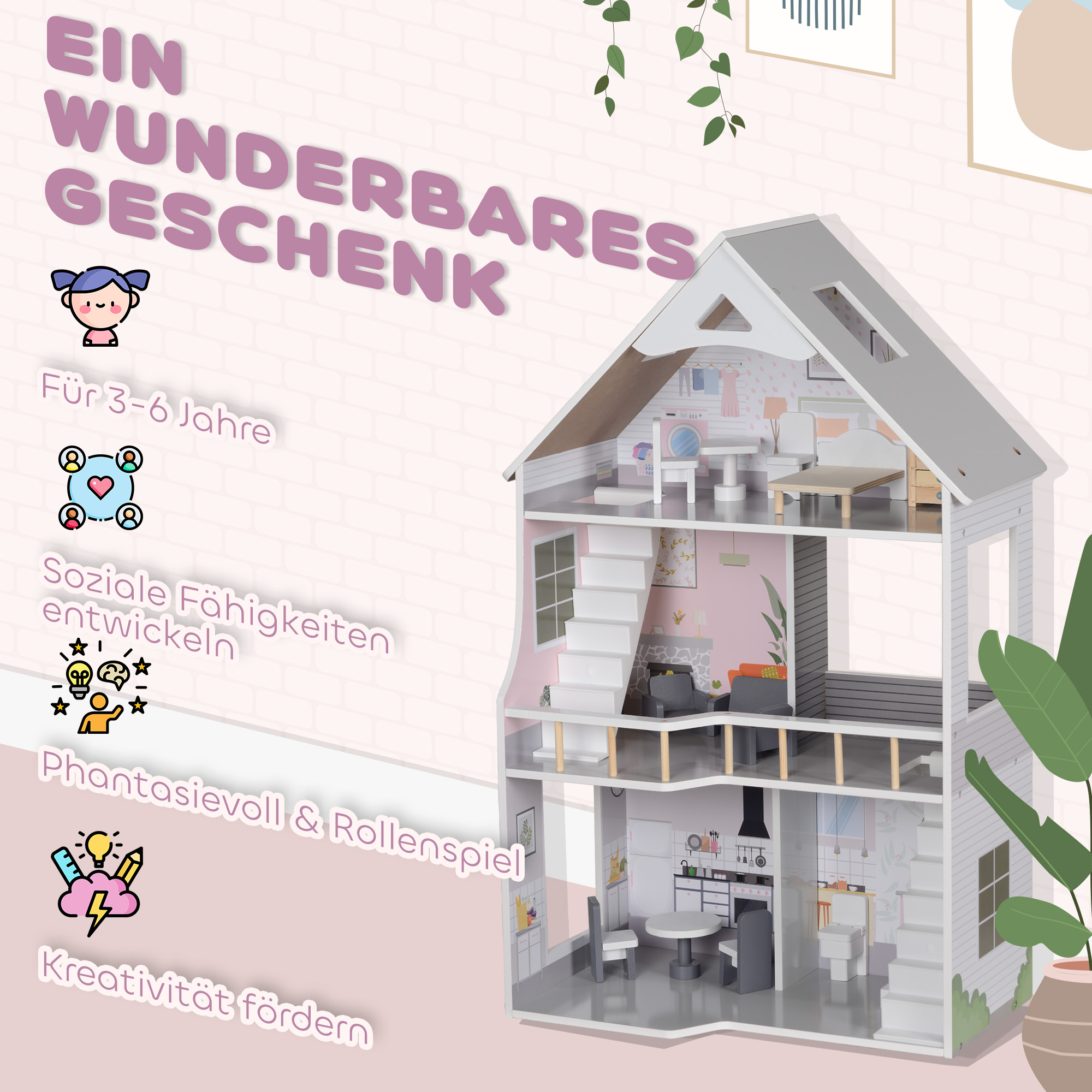 Puppenhaus aus Holz mit 13 Möbelstücken und Zubehör, 3-stöckiges Spielhaus für Kinder im Alter von 3-6 Jahren