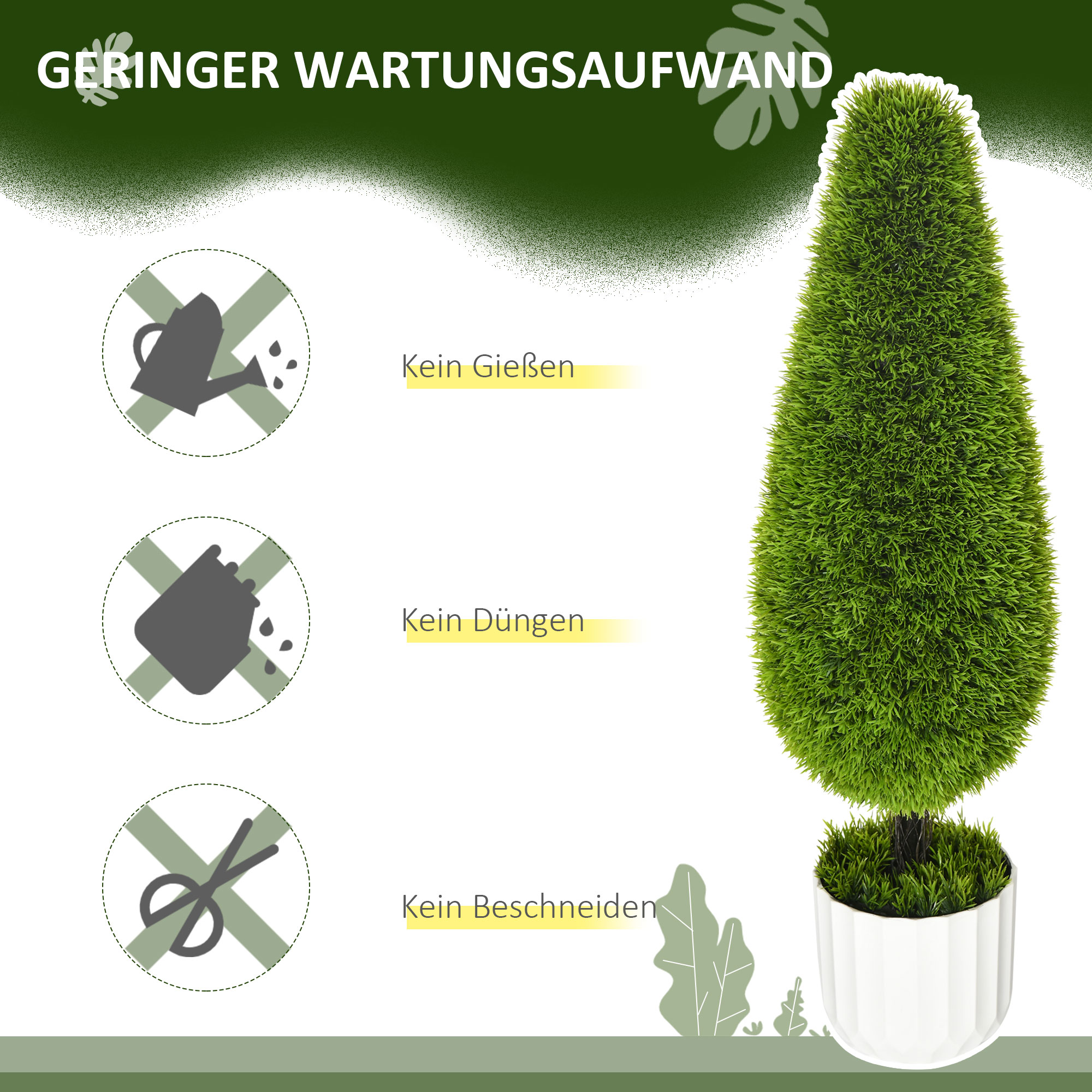 2er-Set Kunstpflanze inklusive Übertopf und Kunstmoos; Künstliche Zypresse, Weiß + Grün