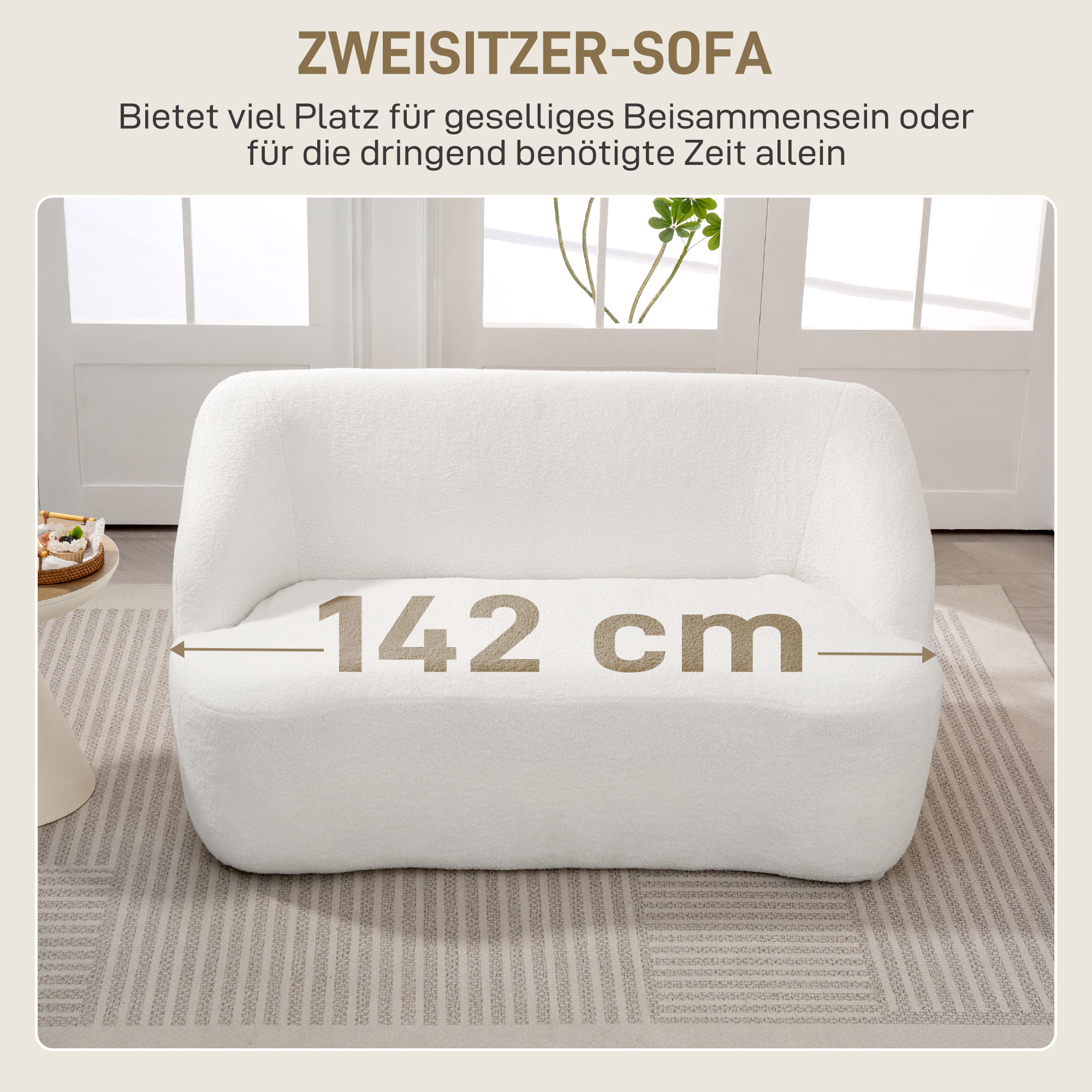 2-Sitzer-Sofa, geschwungenes Design, Polstersofa mit Fleece-Bezug, für Wohnzimmer, Schlafzimmer, Homeoffice, Cremeweiß