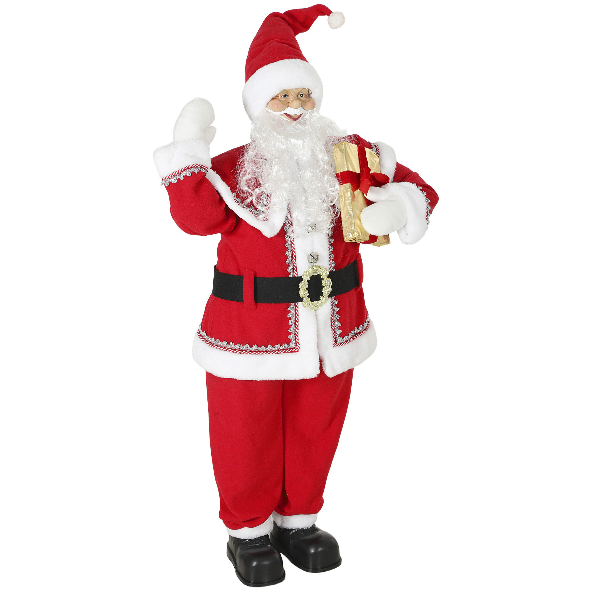 Lebensgroßer singender Weihnachtsmann 150 cm, animierte Musikfigur mit drehendem Kopf, winkender Hand und Geschenk