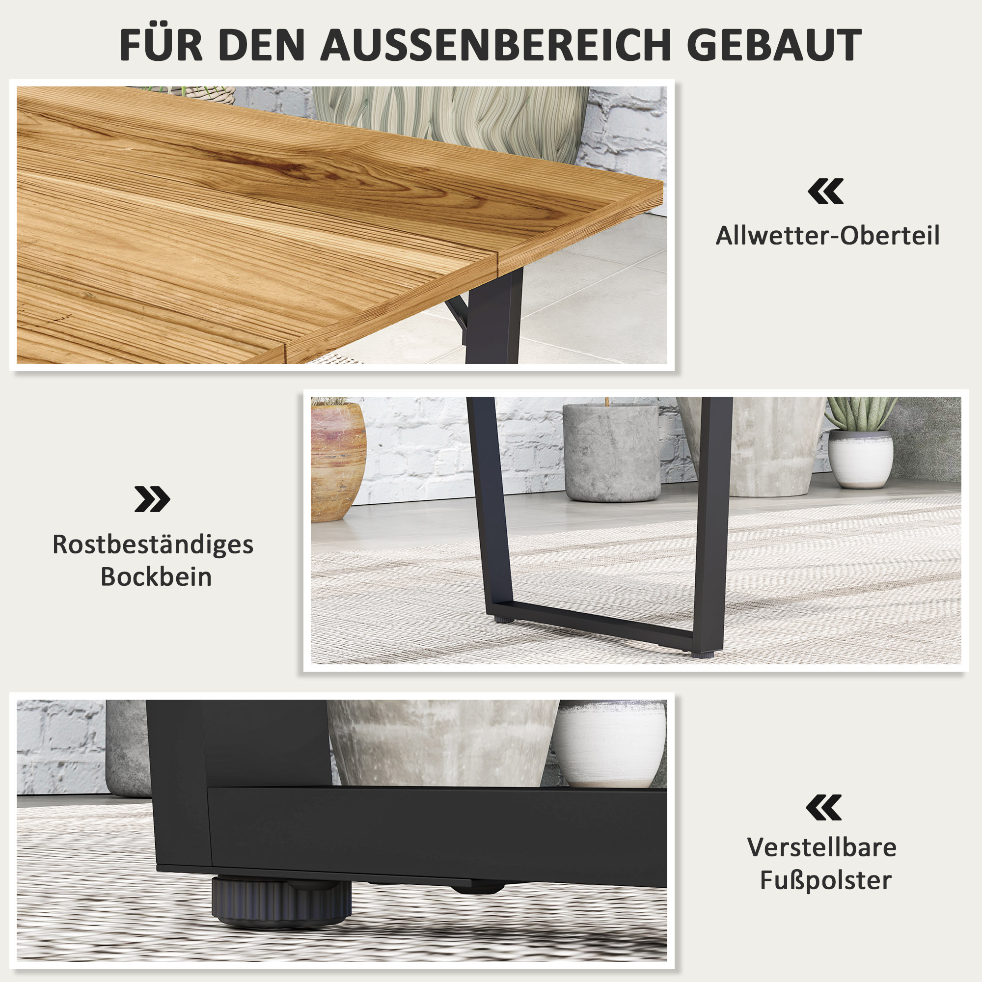 Gartentisch Holz 175x80 cm Wetterfest Balkontisch mit Schirmloch Buffettisch für 6 Personen Braun