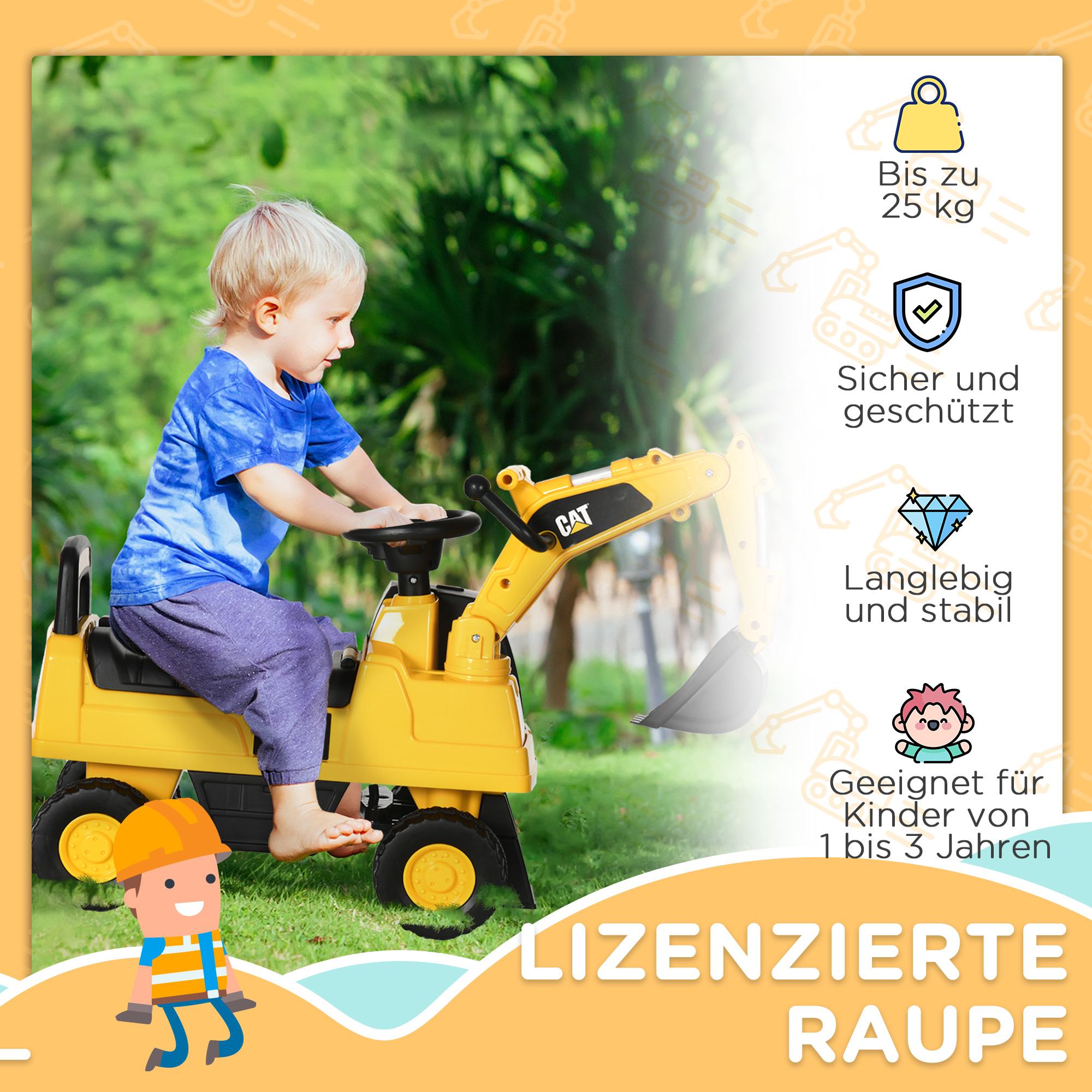 Kinderbagger, Rutscher, bedienbare Schaufel, Kippschutz, rutschfeste Räder, gelb+schwarz, 85 x 27,5 x 47,5 cm