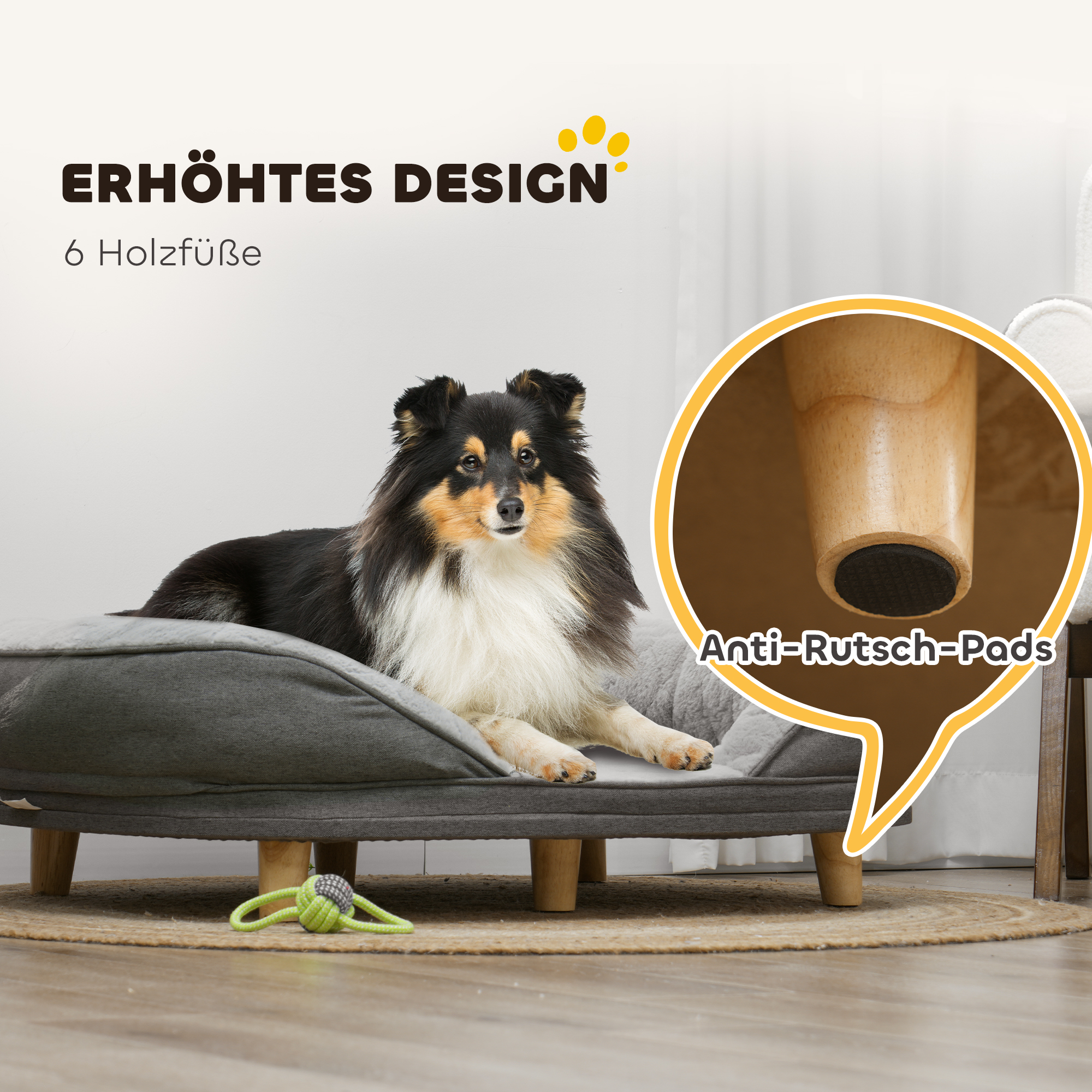Hundebett für Hunde bis 25 kg, abnehmbarer Bezug, rutschfeste Füße, 90 x 78 x 25 cm, Grau