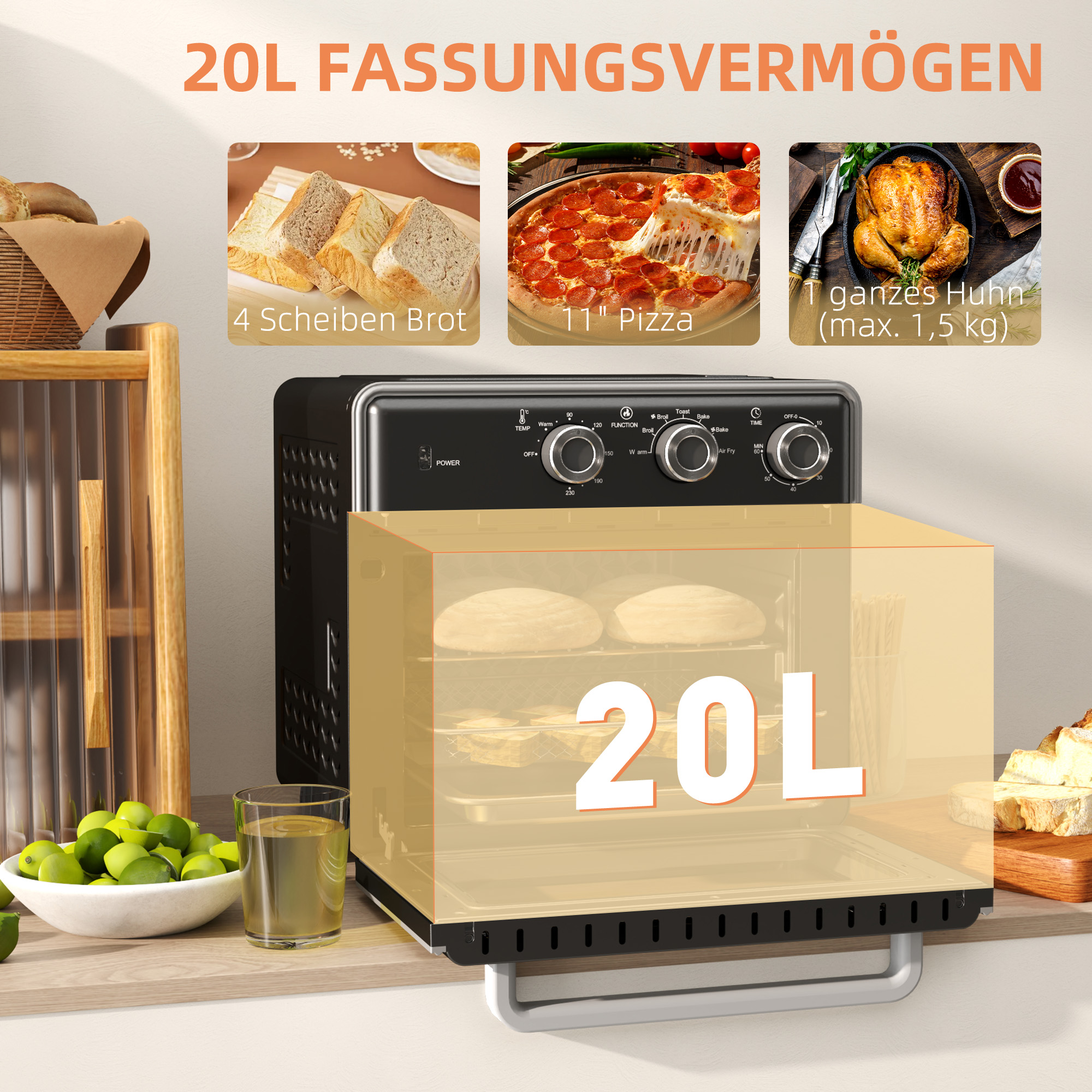 Minibackofen, 20L, 5 Funktionen, 360° Heißluft, Grillrost, Krümelblech, Schwarz