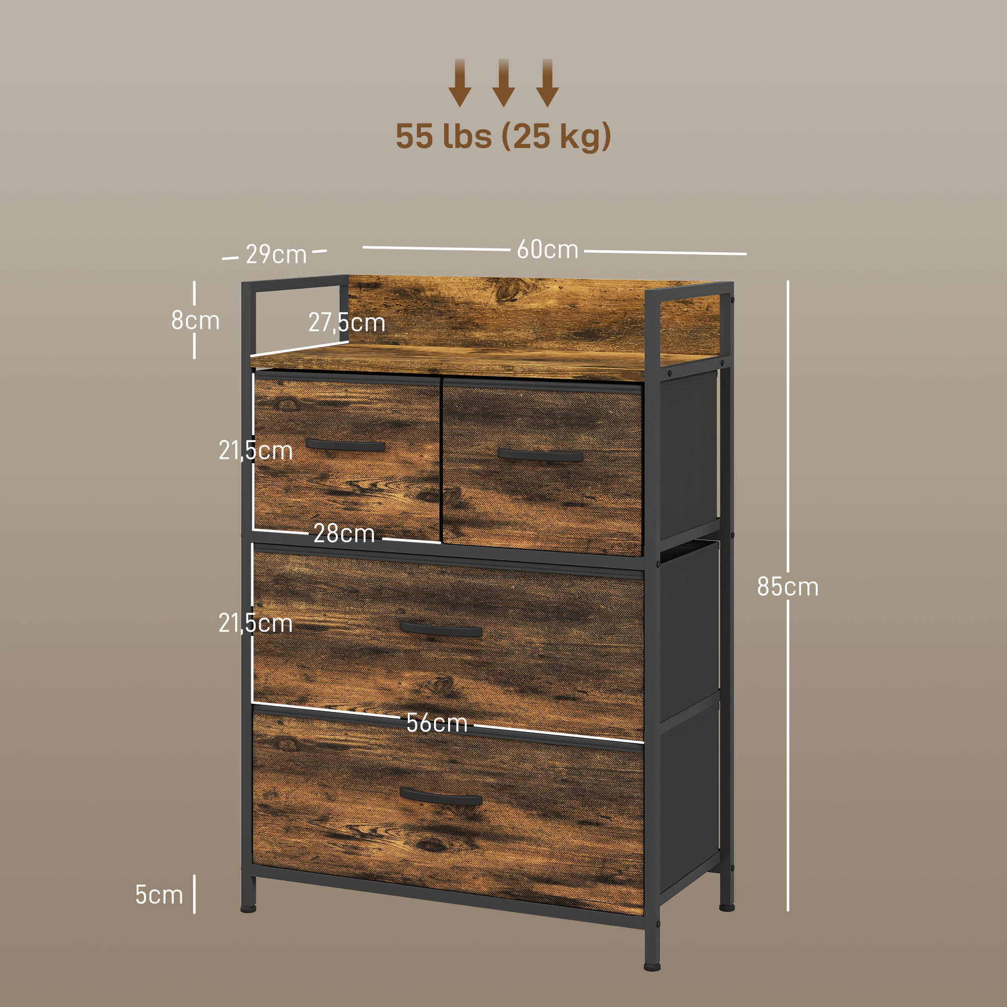 Kommode, Sideboard, 4 Stoffschubladen, Industrial Design, 60x29x85cm, Braun/Schwarz