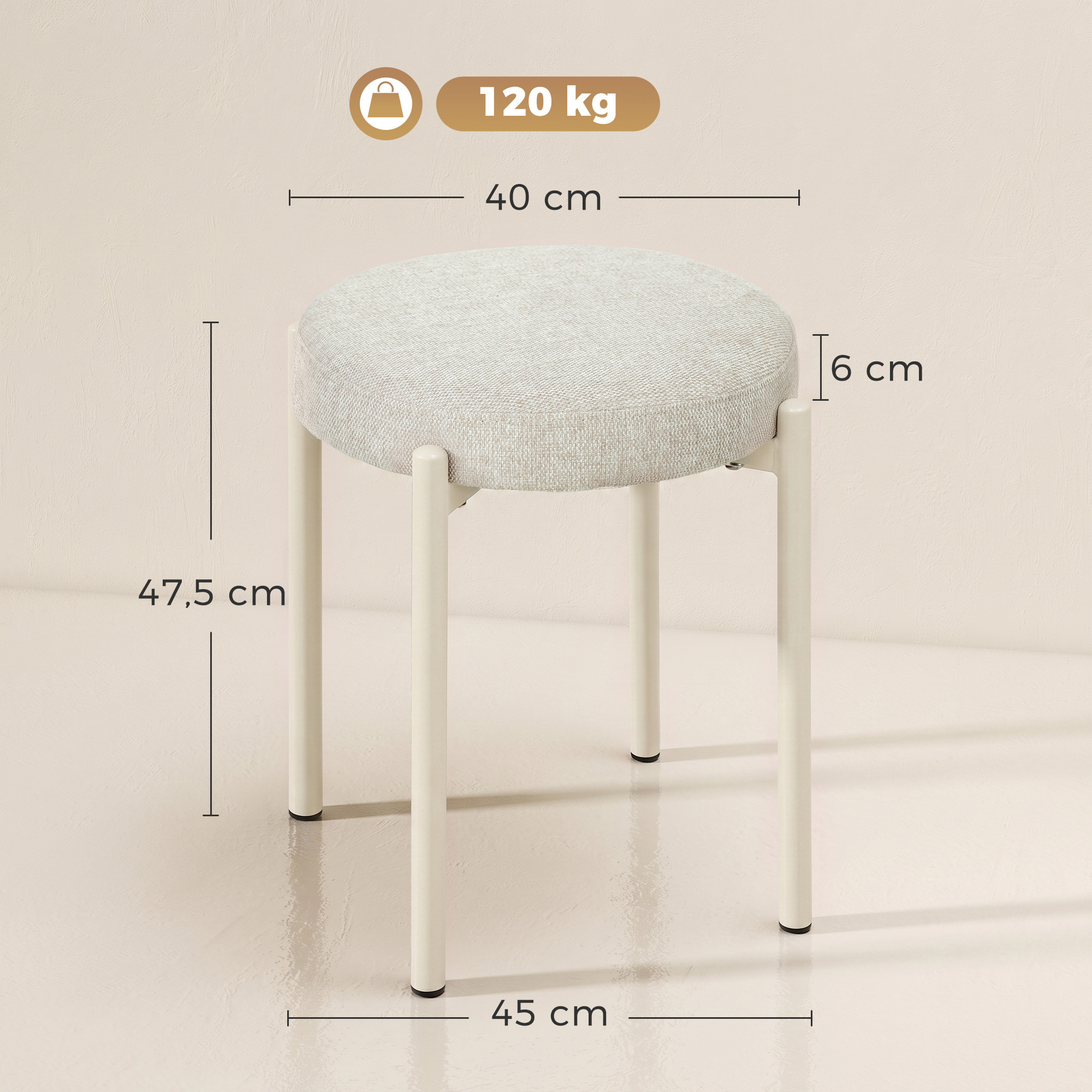 Esszimmerhocker 4er Set Stapelbare Sitzhocker mit Stahlbeinen, Leinenoptik für Esszimmer, Wohnzimmer, Küche, Cremeweiß