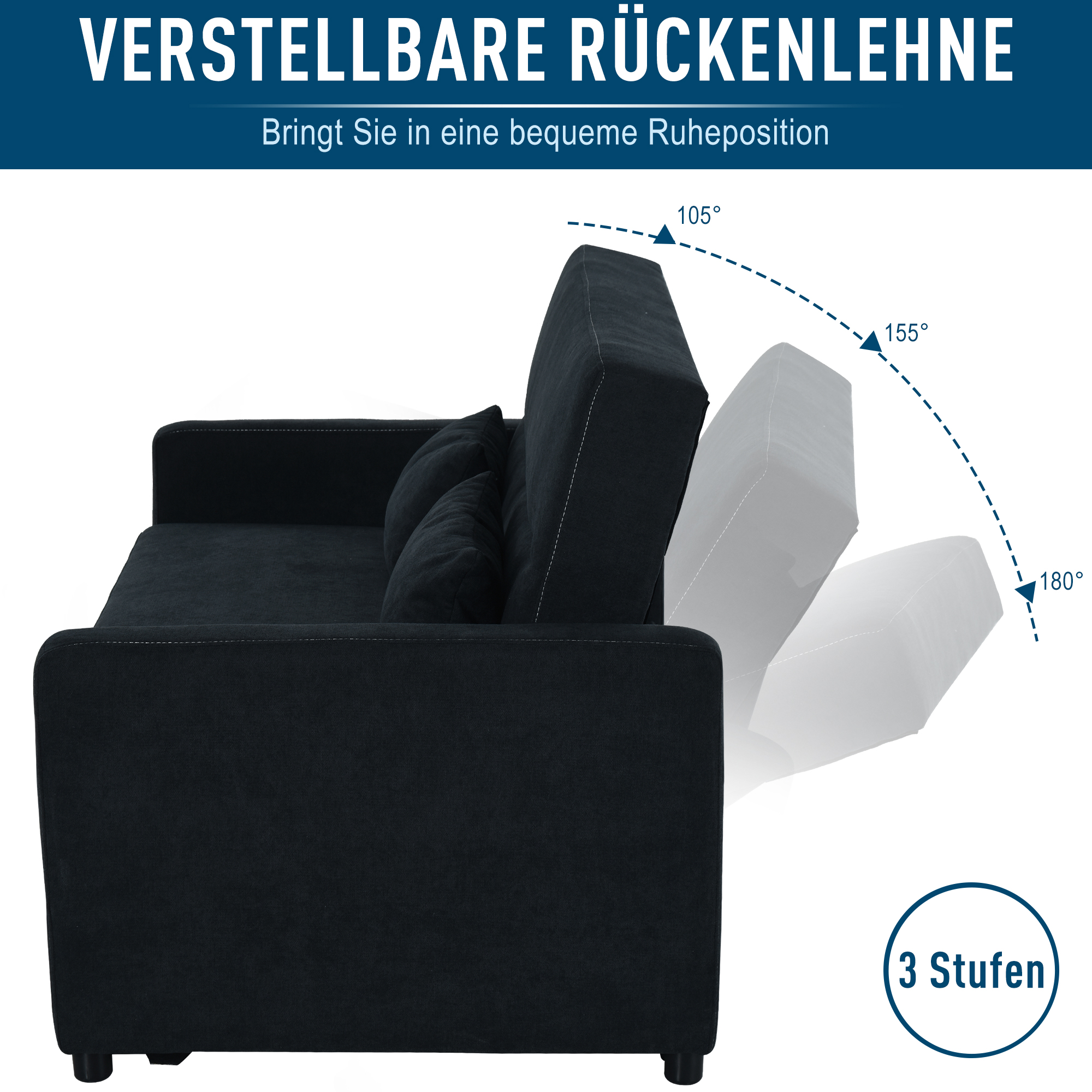 2-Sitzer Sofa mit Bettfunktion, Verstellbarer Rückenlehne, Polstersofa, Samtoptik, für Wohnzimmer, Schlafzimmer, Schwarz